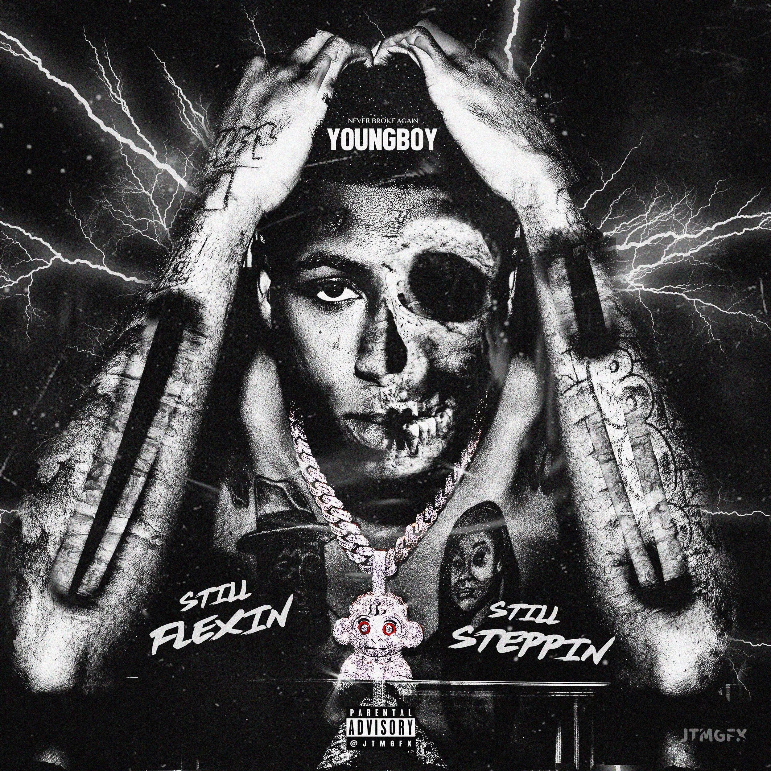 Black and white album cover featuring a person with tatoos and a chain, holding their head with both hands. The person's face is partially covered by a skull face paint; they wear headphones and a chain with a teddy bear pendant. The background has l