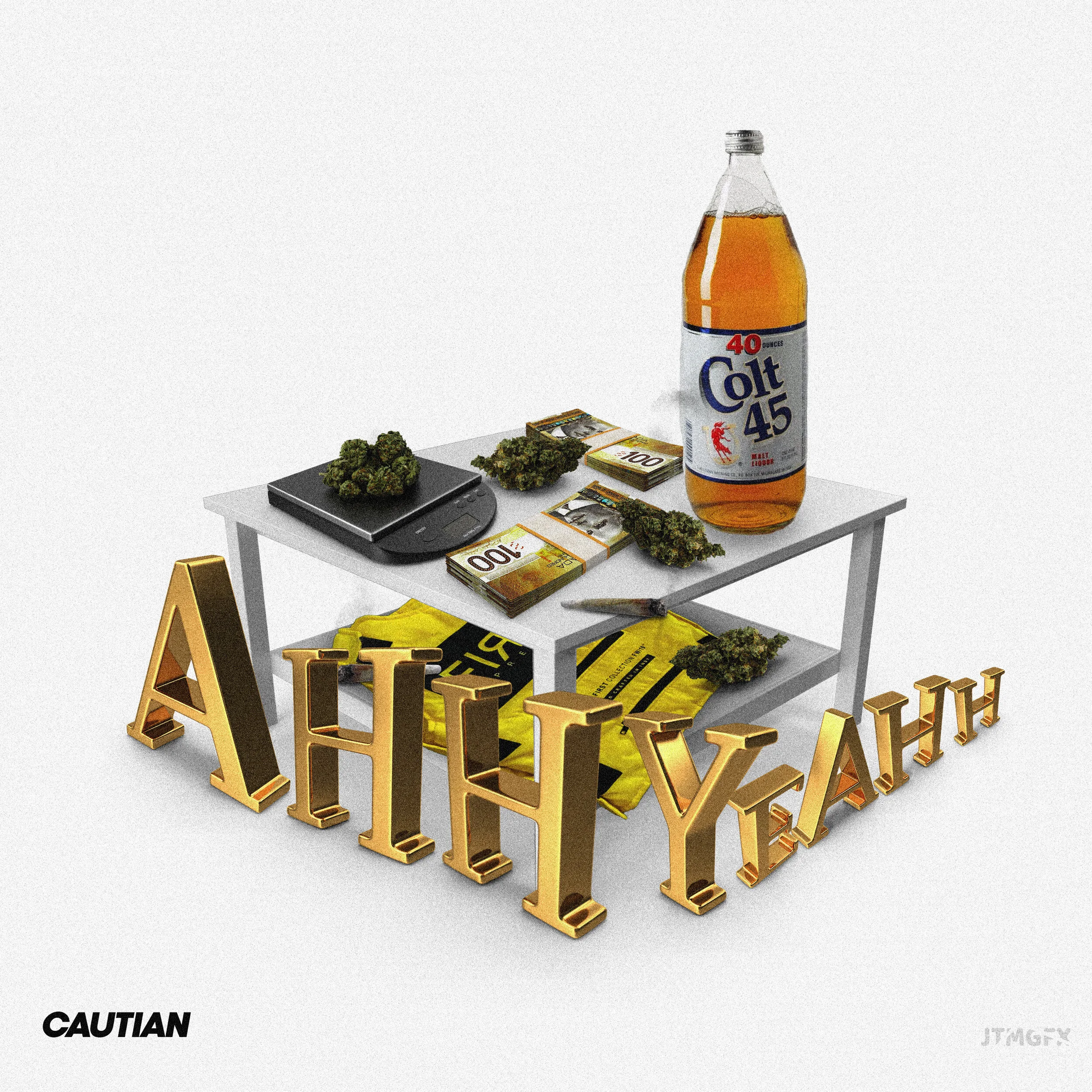 A photo of a table displaying cannabis buds, stacks of currency, a bottle of Colt 45 malt liquor, yellow caution tape, and gold letters spelling 'A H I H Y K A H.'