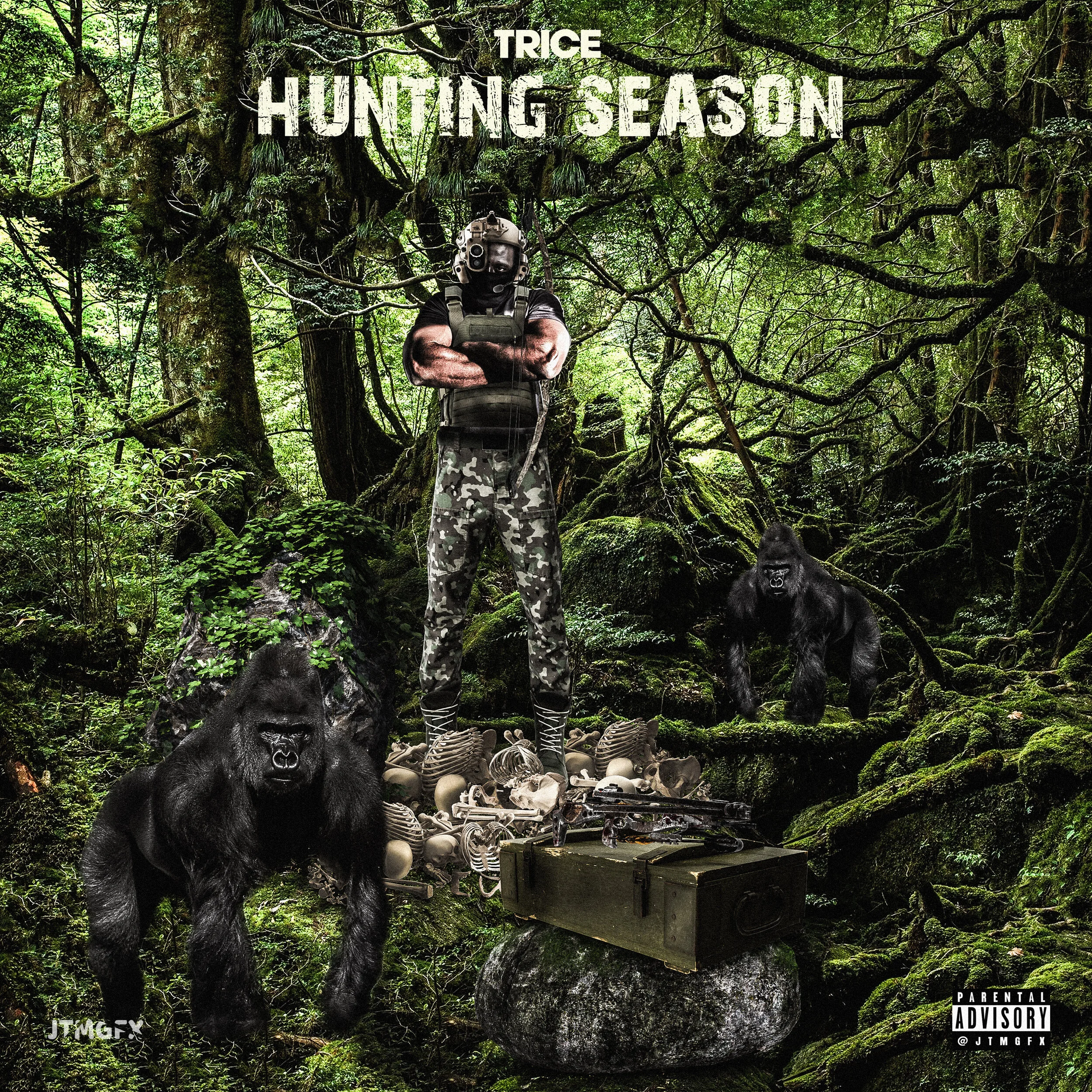 A person with a soldier helmet and camouflage pants standing with arms crossed inside a dense forest, flanked by two large black gorillas, with trees and moss-covered rocks around them. Text on the image says 'TRICE HUNTING SEASON', and a parental ad