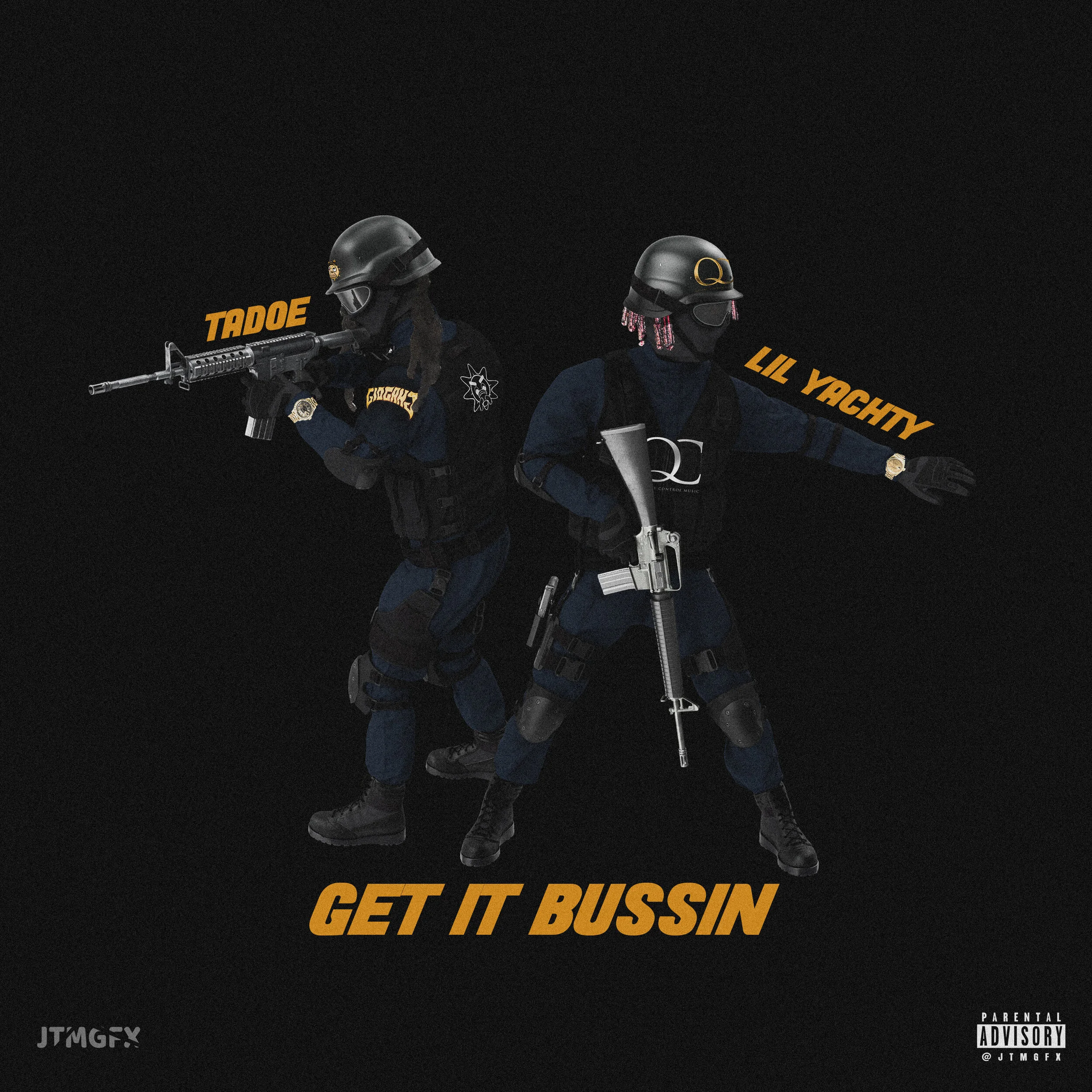 Two men in tactical gear holding guns, with their names 'Tadoe' and 'Lil Yachty' in bold orange text, and the phrase 'Get it bussin' in orange at the bottom, set against a black background.