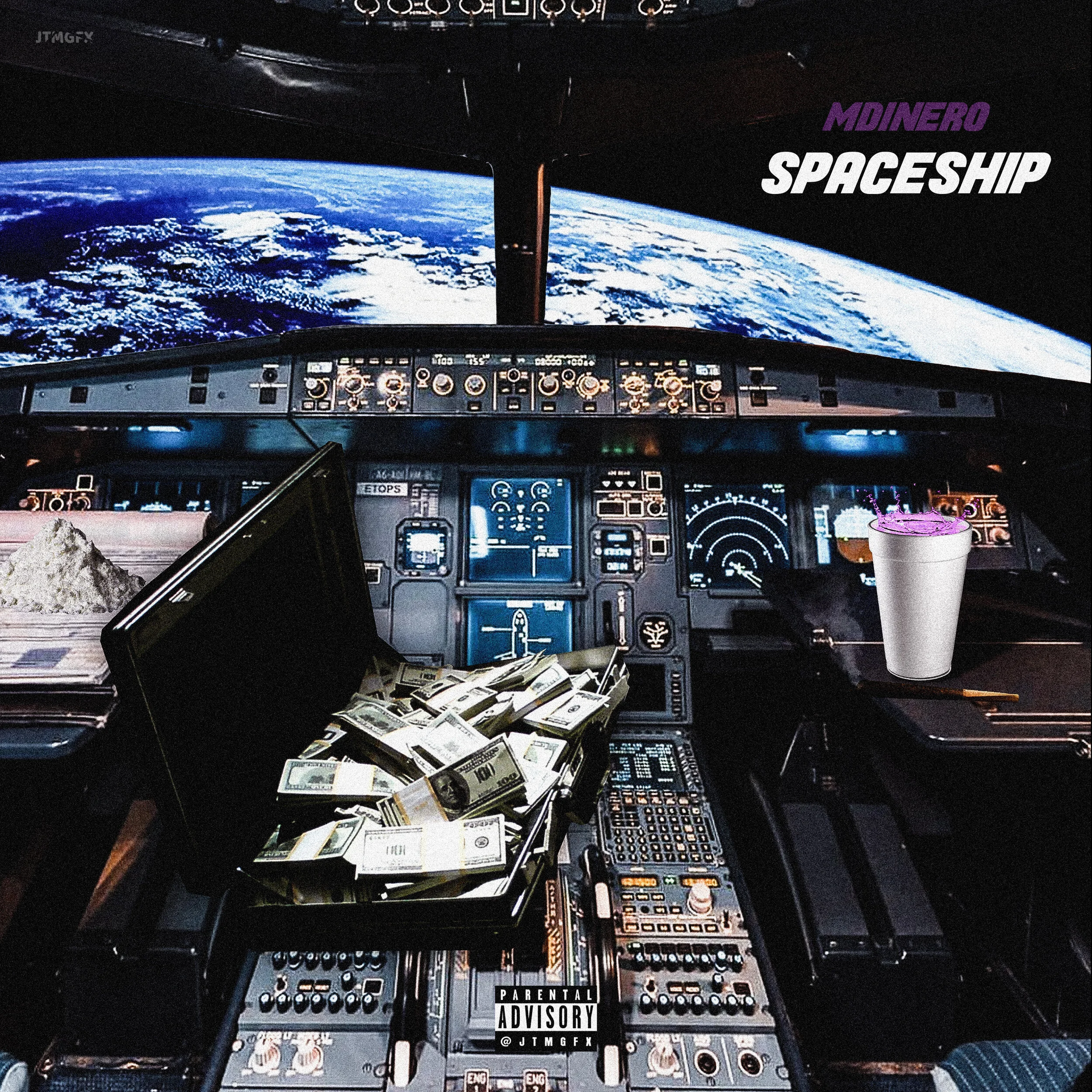 The interior view of a spaceship cockpit with a large display screen of Earth outside. The cockpit has various controls and screens, with a suitcase filled with money and a cup with a purple drink inside.