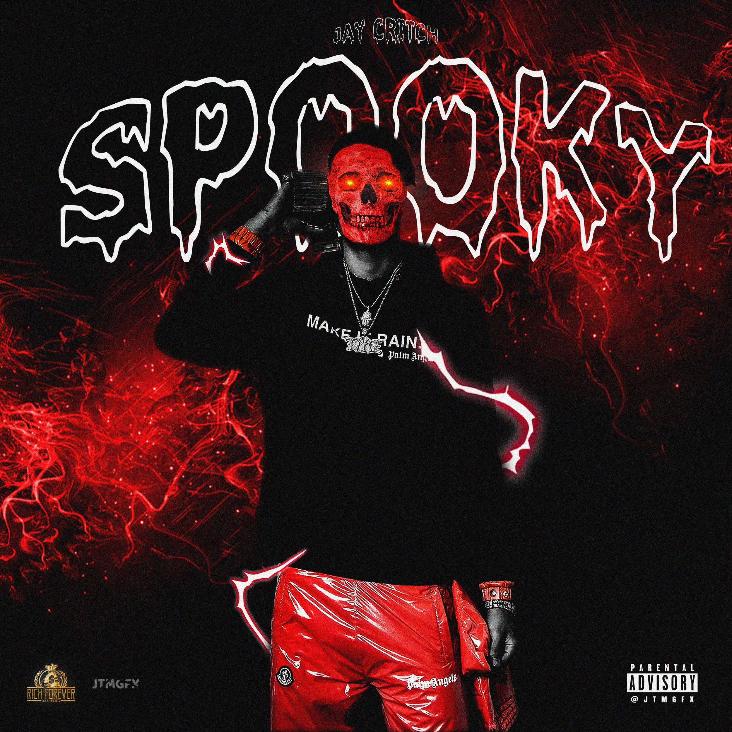 A person wearing a black hoodie with white text, red shiny shorts, and accessories, holding a gun to their head, with a digitally altered skull face and glowing eyes against a background of red lightning and digital effects. The word 'SPOOKY' appears