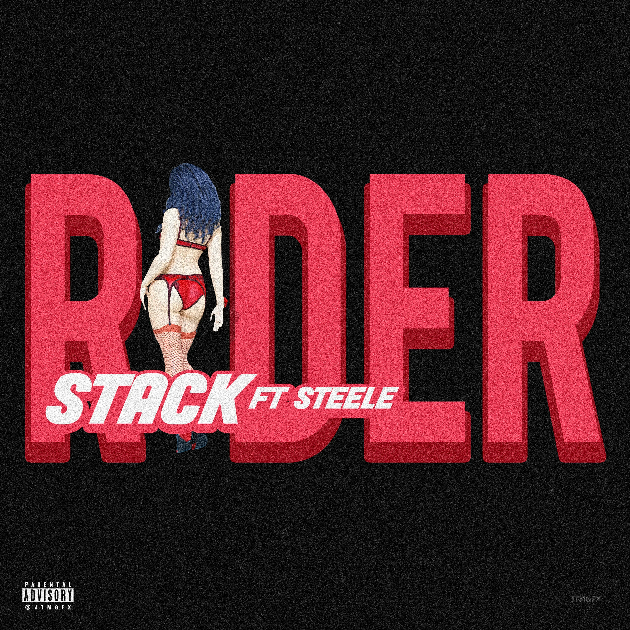 Album cover for 'RIDER' by Stack featuring Steele, depicting a woman with blue hair in lingerie and fishnets, standing against large red 3D text that says 'RIDER', with the artist and feature names in white and pink text.