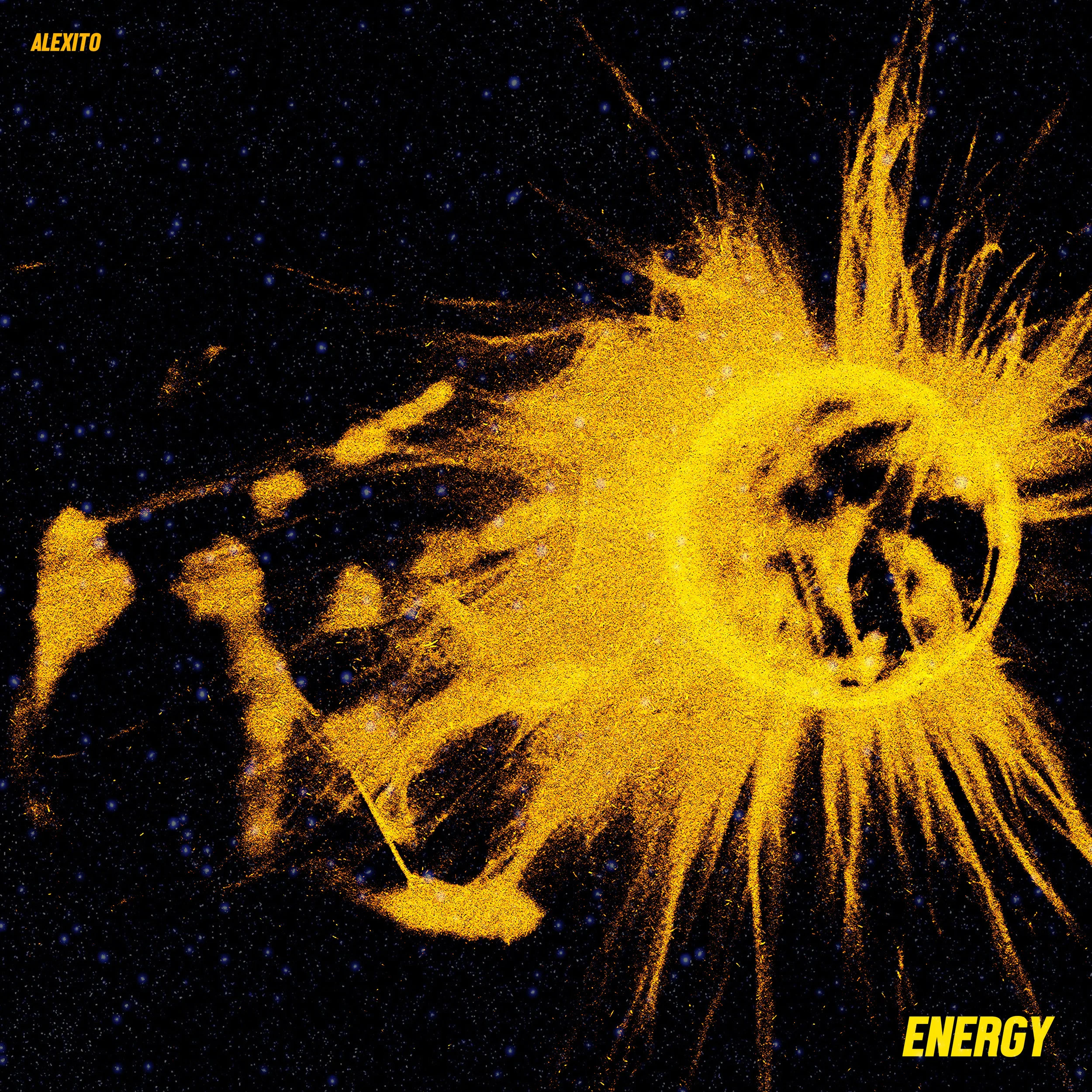 A bright explosion of yellow and orange particles resembling a skull with spiked rays emanating outward, set against a starry black background, with the words 'ALEXITO' in the top left corner and 'ENERGY' in the bottom right corner.