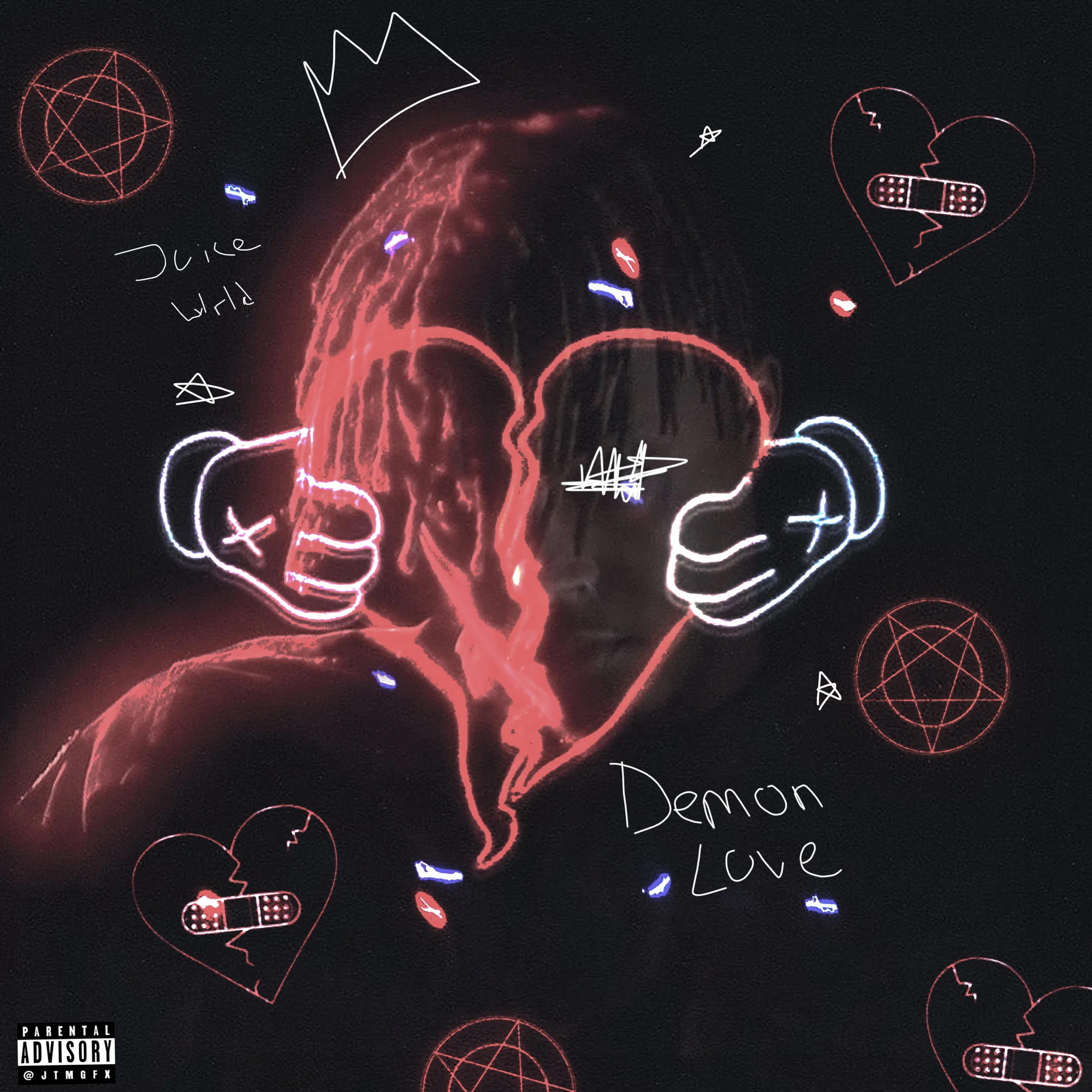 A neon-style digital artwork of a face split in half, with each side depicting a different personality. Surrounding the face are love and heartbreak symbols, including broken hearts with bandages, and colorful doodles like a crown and pentagrams. The