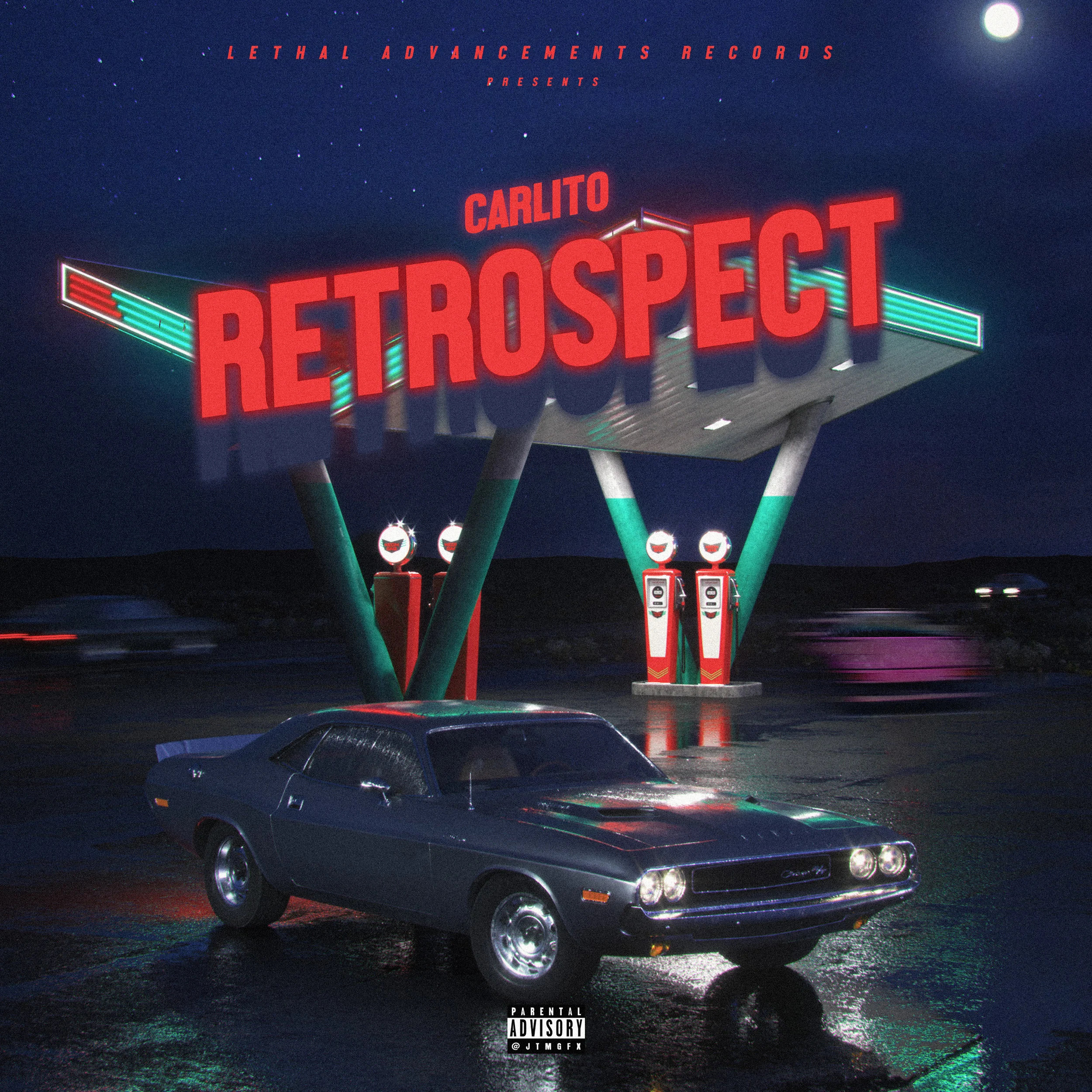 Night scene of a vintage muscle car parked near a retro-style gas station with a bright neon sign reading 'RetroSpect' and additional gas pumps, illuminated by neon and moonlight.
