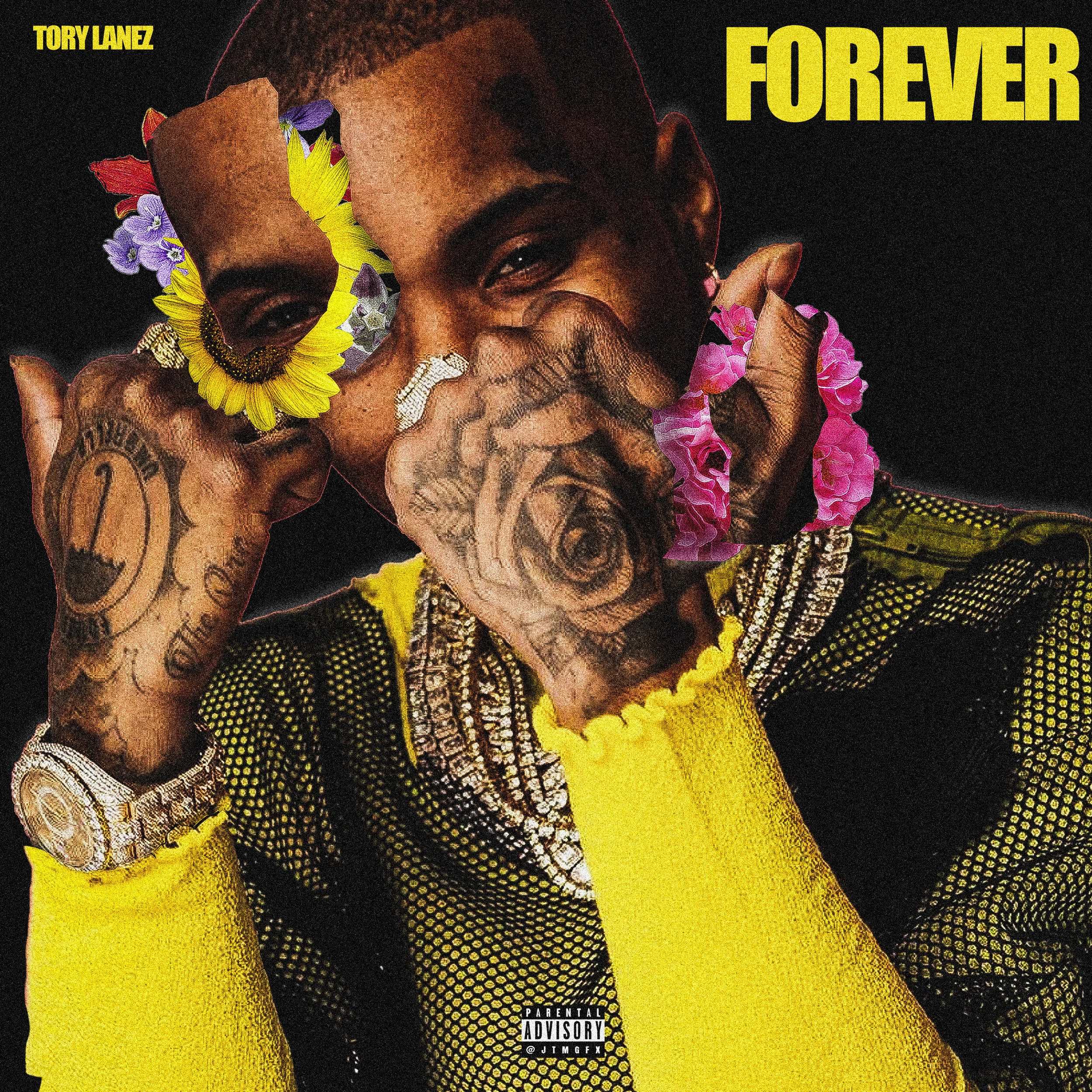 A person with tattoos, wearing a yellow and black mesh top, touches their face and wears jewelry including a watch and rings. They hold flowers near their face, which partially covers their eyes. The background is black, and the word 'FOREVER' appear