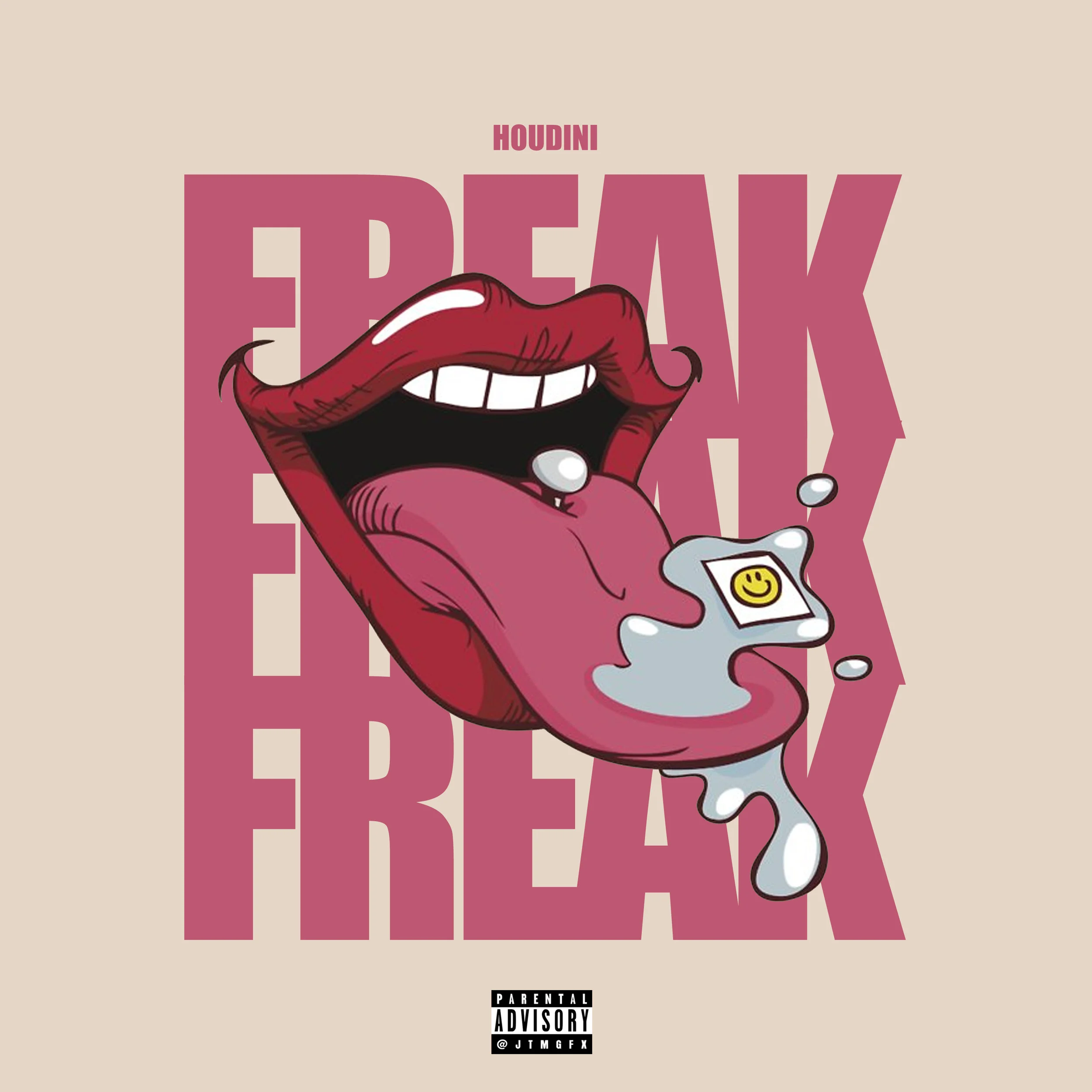 Illustration of a person's open mouth with red lips, tongue sticking out, and a piercing, with graffiti-style text 'FREAK' and 'HOUDINI' in the background. A smiley face sticker is on the tongue, with liquid and saliva splashing.