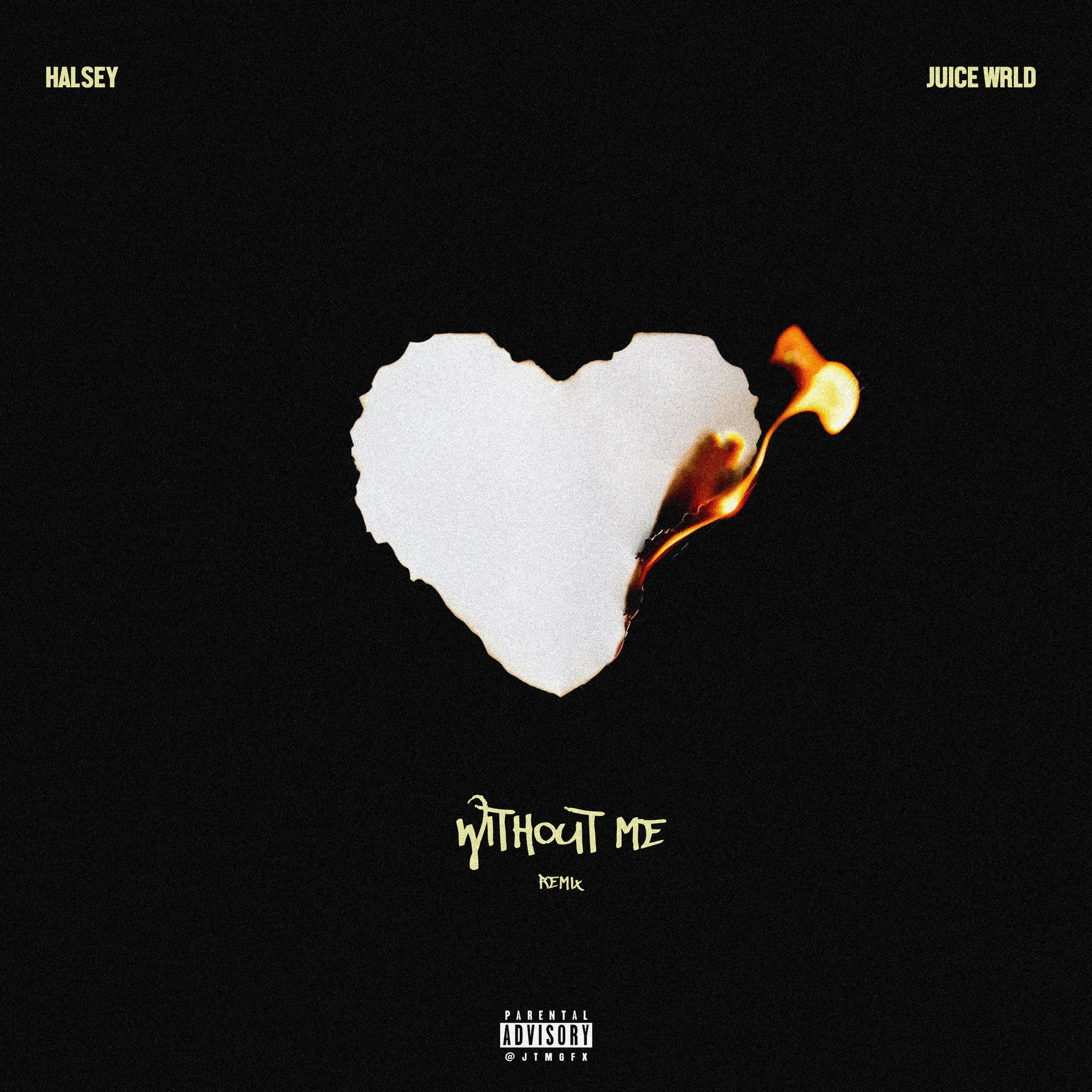 Black album cover with a torn heart-shaped hole revealing flames behind it, with the titles 'Halsey', 'Juice WRLD', 'Without Me Remix' and a parental advisory label.