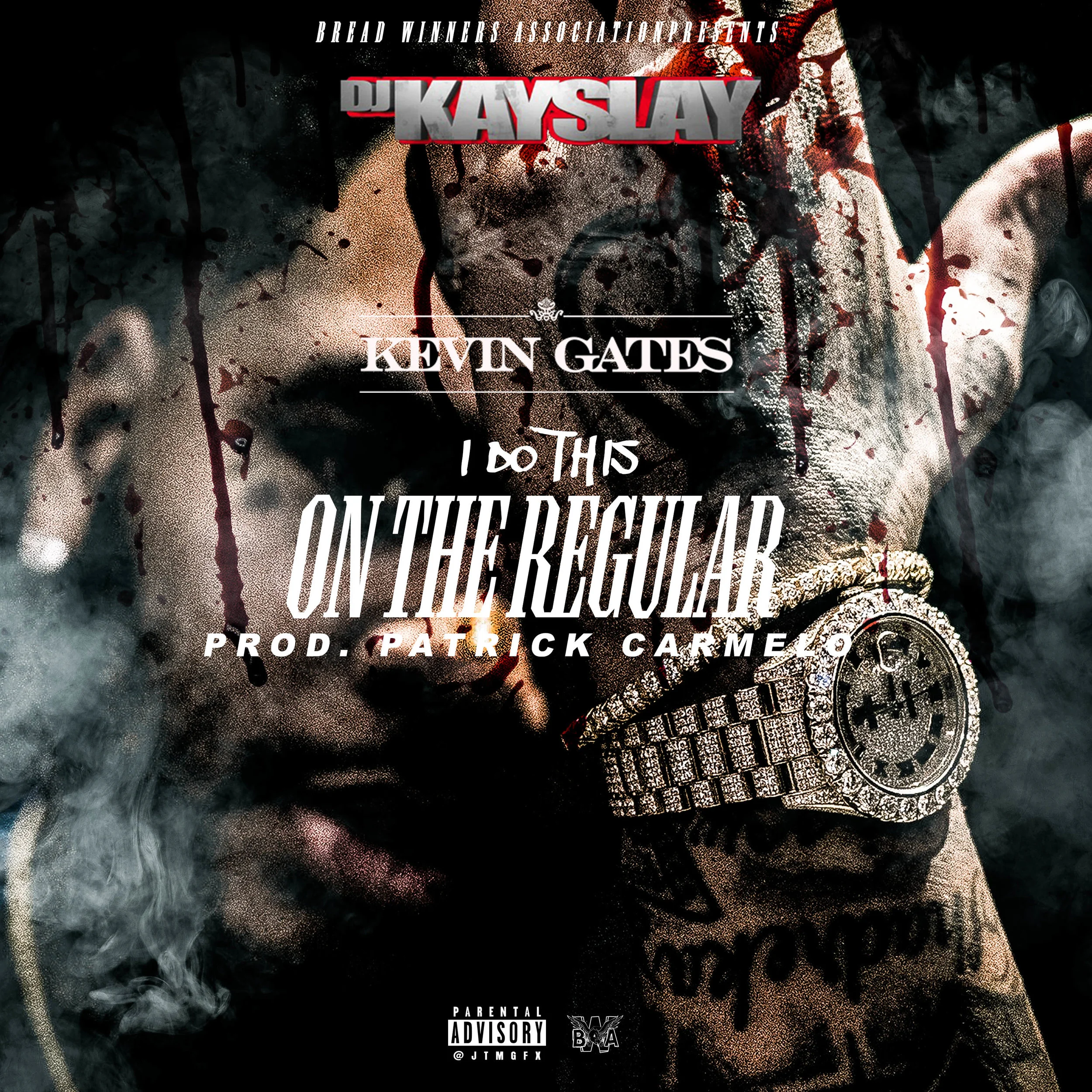 Promotional cover art featuring a blurred image of a man's face and hand with tattoos, wearing a large diamond-encrusted watch, with text including DJ Kayslay, Kevin Gates, and the song title 'I Do This on the Regular.'