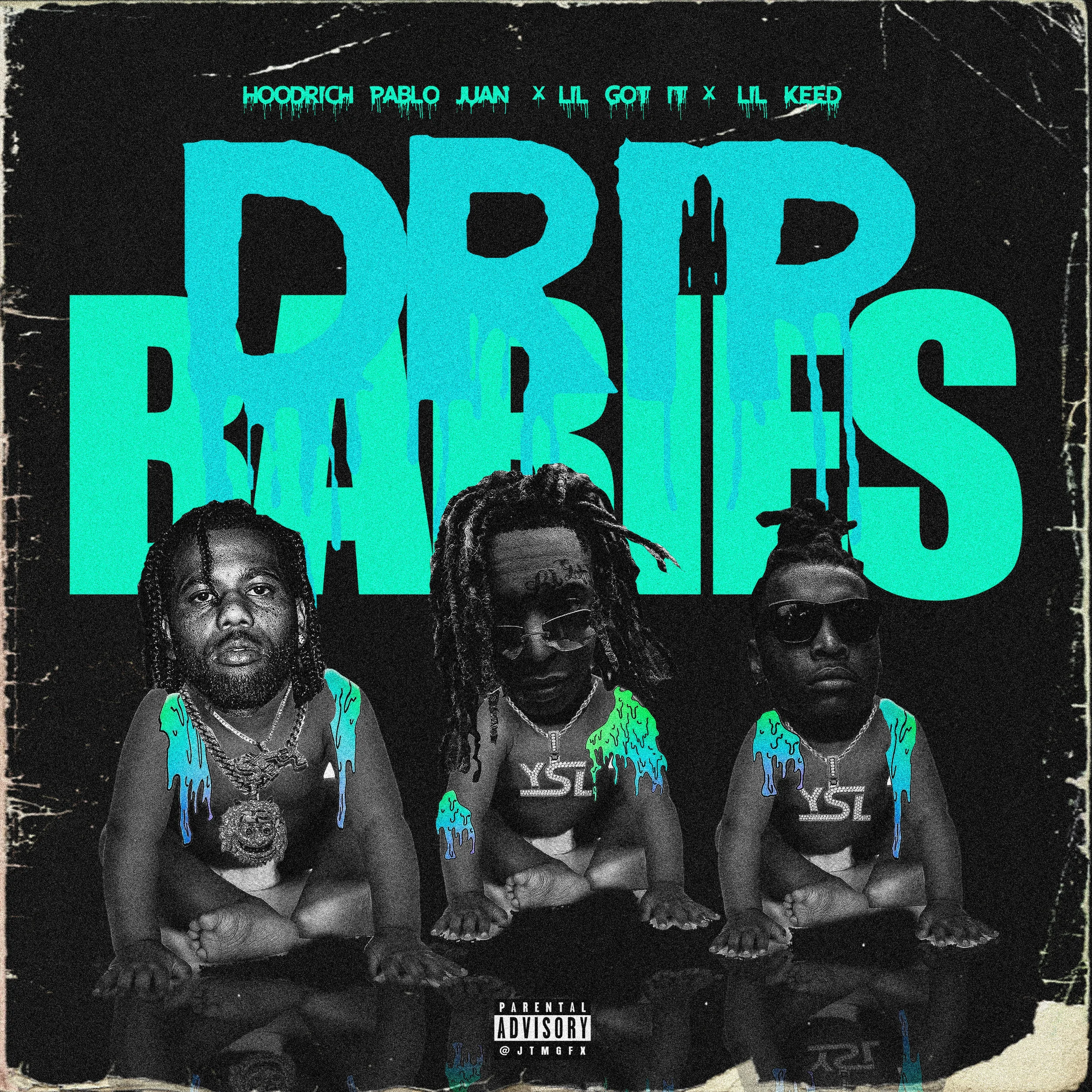 Album cover titled "Born Babies" featuring three cartoonish characters with exaggerated heads and tiny bodies, dressed in jewelry, with large text in turquoise and black background.