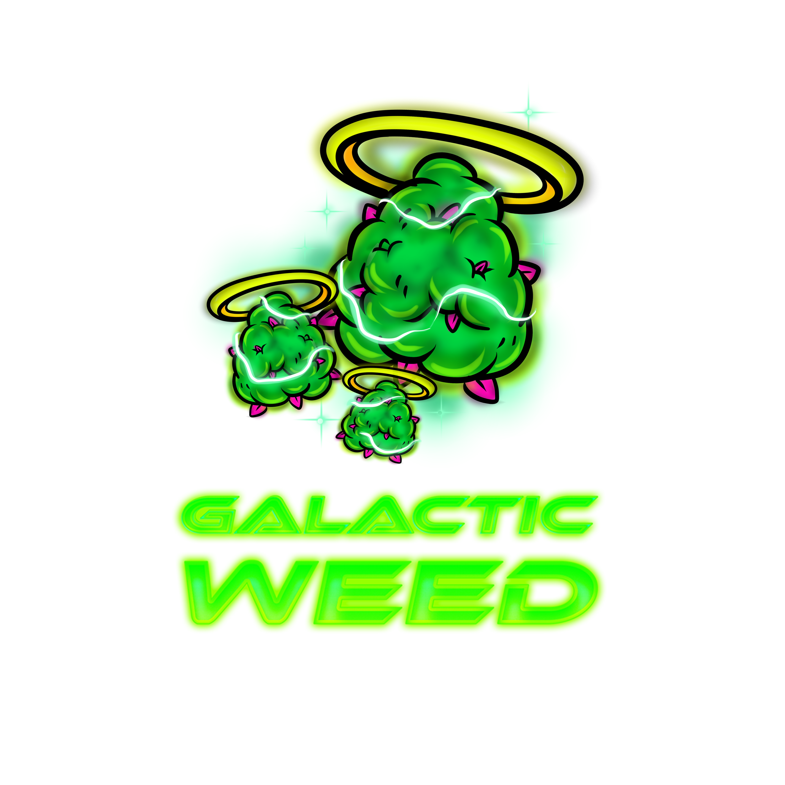 A colorful logo for 'Galactic Weed' featuring three green, cartoonish weed clouds with pink spikes and swirling yellow halos, with electric lightning effects, and the text 'Galactic Weed' in neon green below.