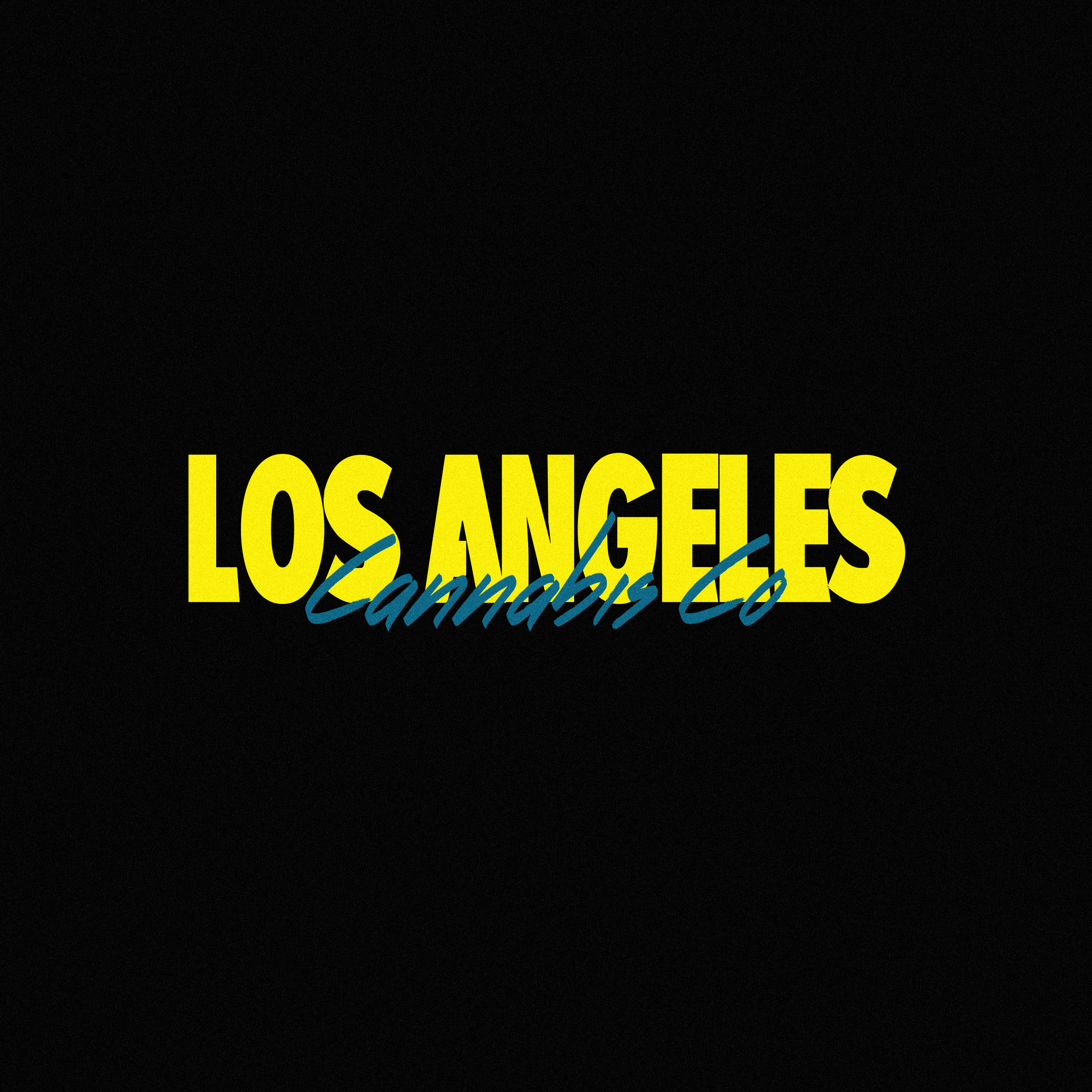 Text graphic reading 'Los Angeles Cannabis Co' with yellow and blue text on a black background.