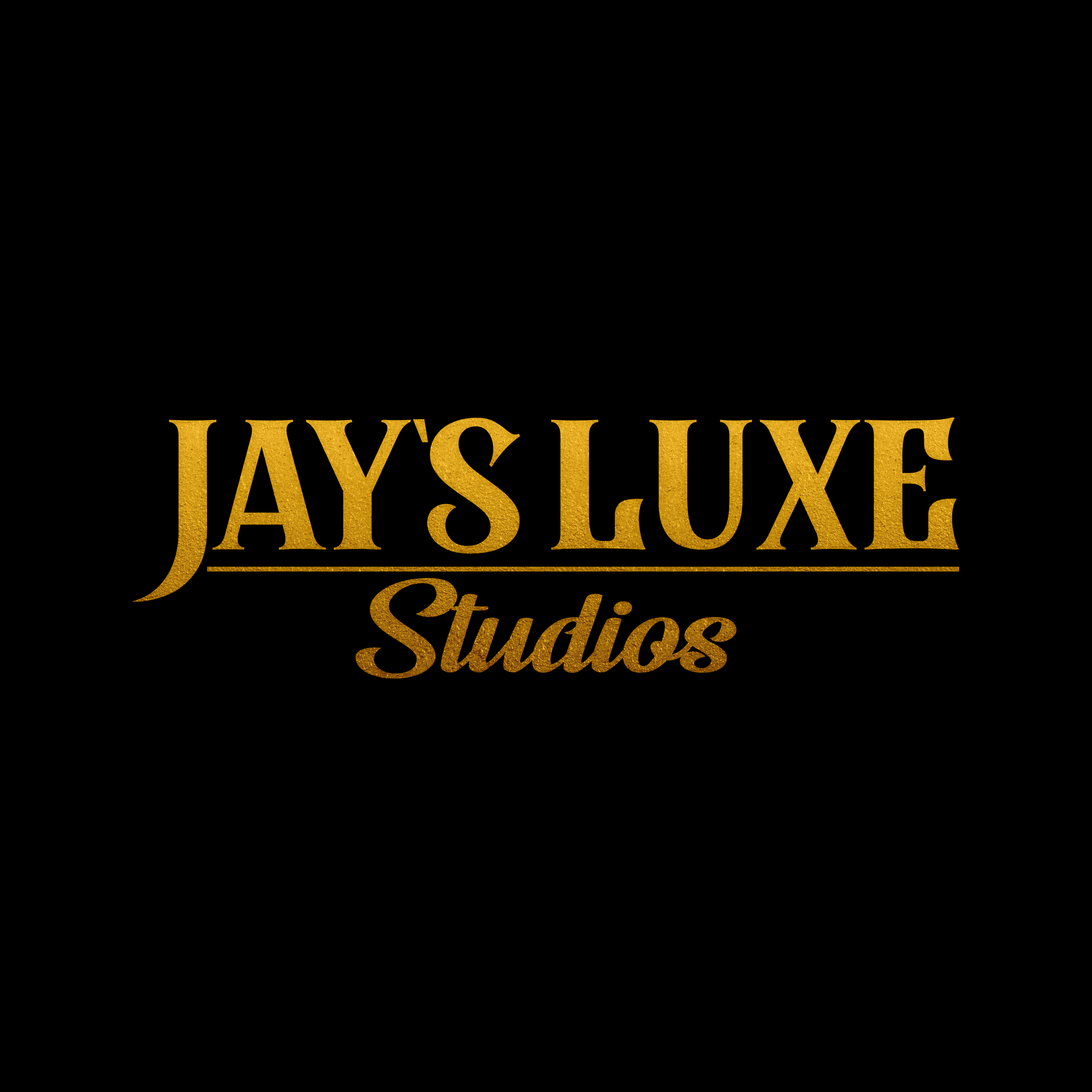 Logo for Jays Luxe Studios with gold text on black background.