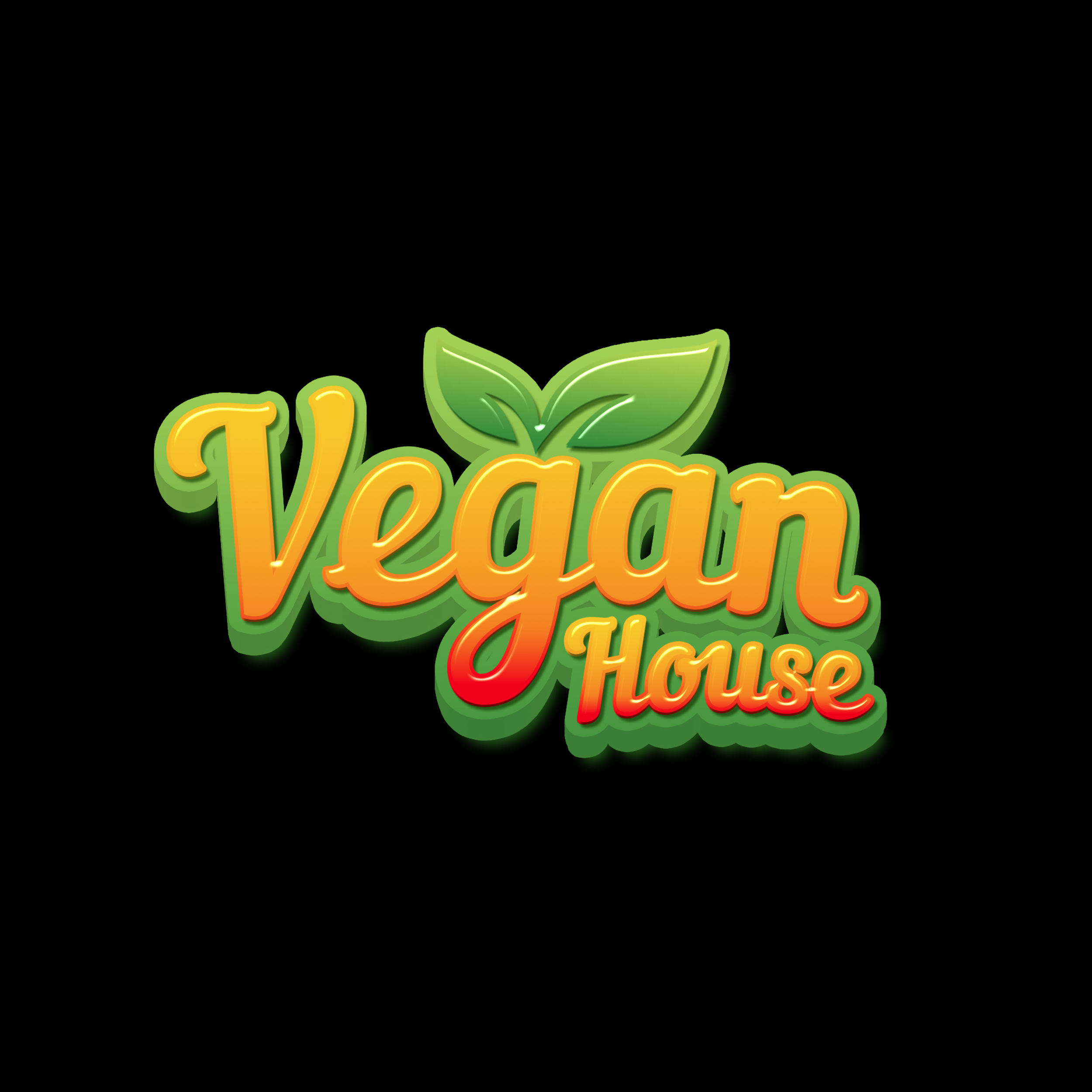 Colorful logo with leafy plant graphics reading 'Vegan House' in bright orange and red text, on a black background.