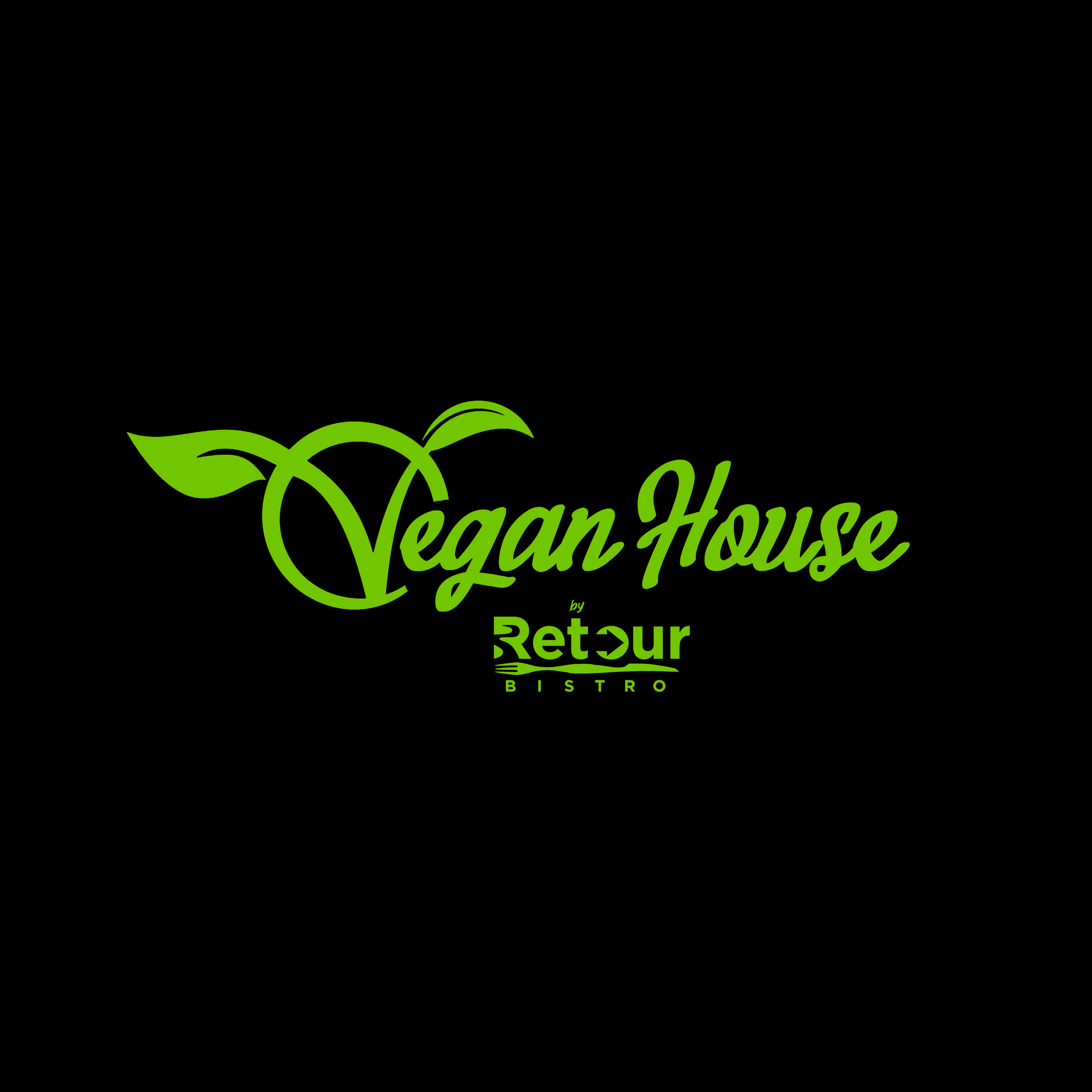 Logo for Vegan House by Return Bistro in green text with a leaf and vine design, on a black background.