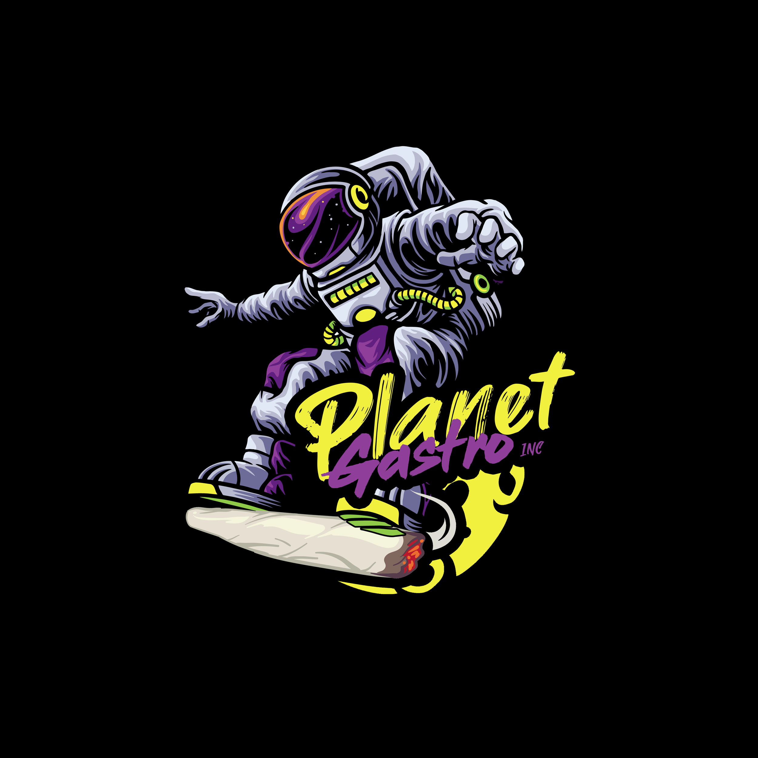 A colorful cartoon astronaut riding a skate with the text 'Planet Gastro Inc' below.