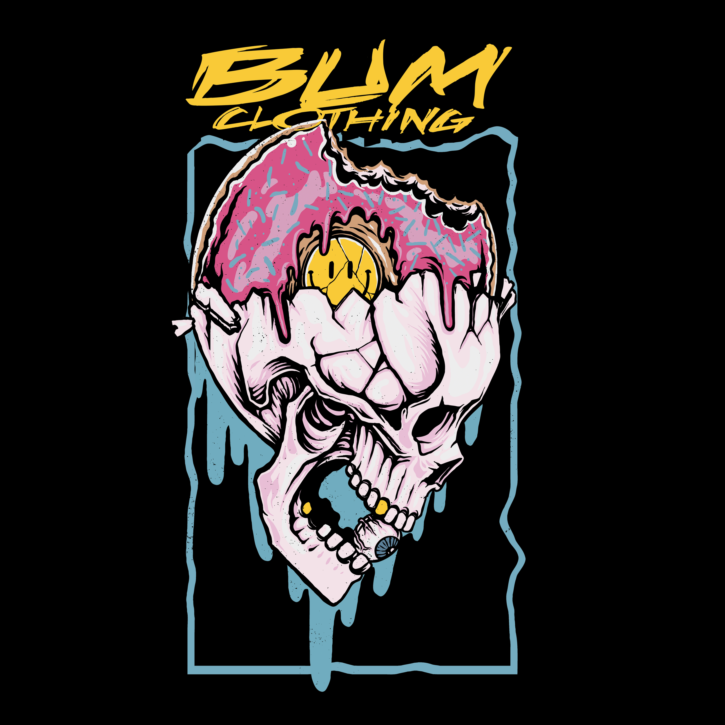 Graphic illustration of a skull with a large, cracked eye socket containing a banana, with dripping pink and black melting effects and the text 'Black Clothing' at the top in yellow stylized font.