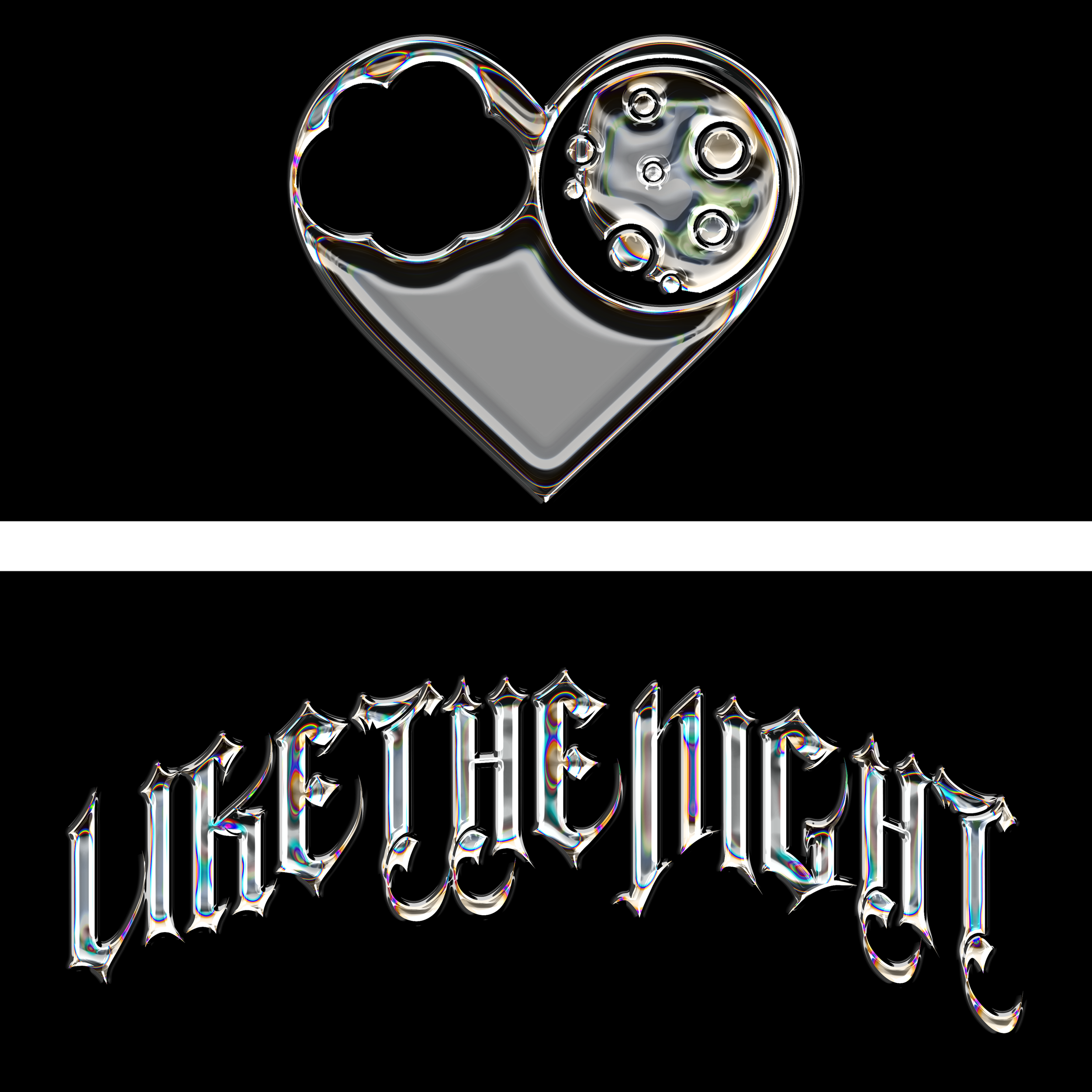 A graphic design featuring a metallic heart-shaped ring pull tab with a drink can inside, set against a black background. Below, the text 'LIKE THE LIGHT!' in a stylized, metallic, gothic font.