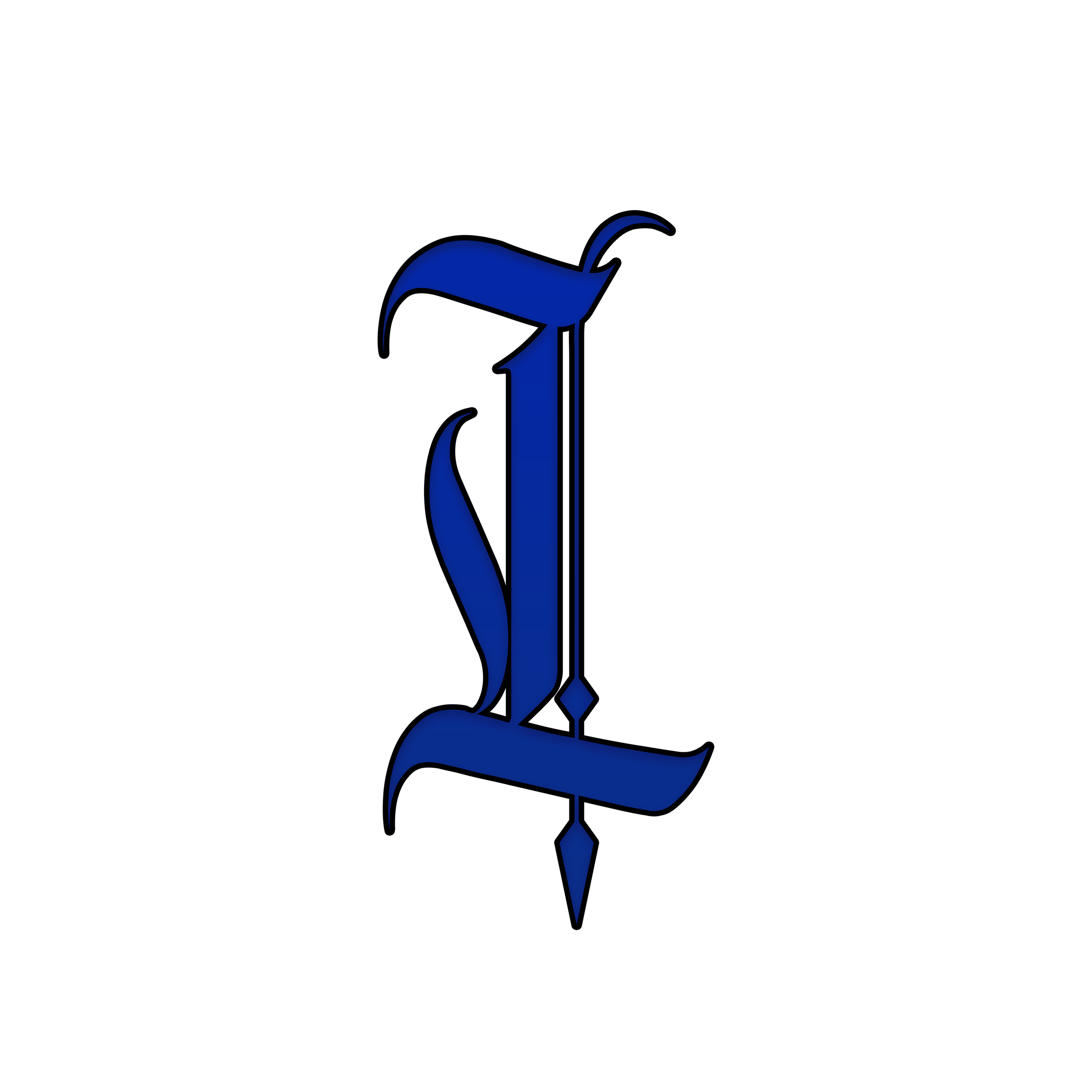 An illustration of a quill pen with a dark blue feather and a metallic nib, positioned vertically on a black background.