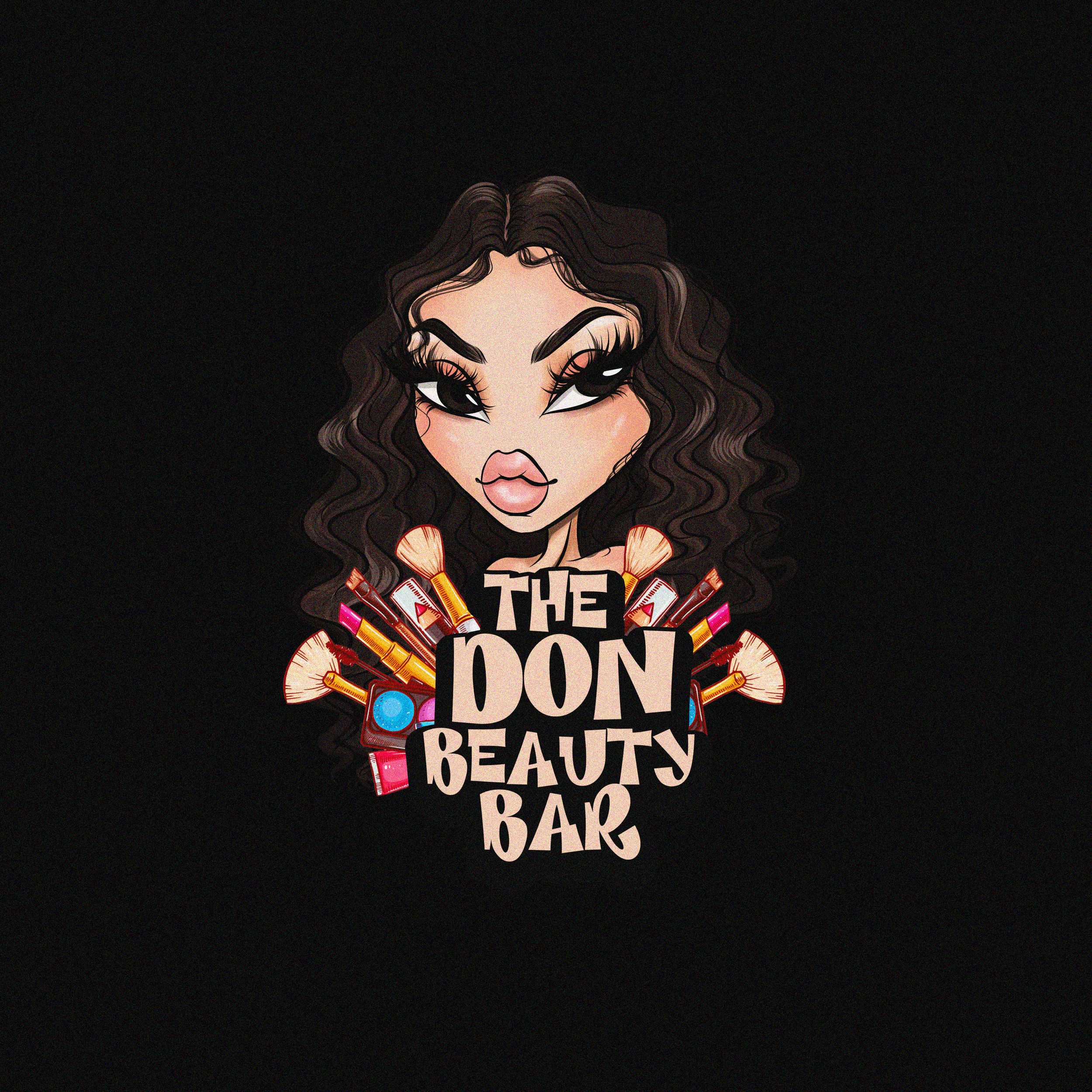 Logo for The Don Beauty Bar featuring a cartoon woman with curly hair, makeup, and makeup brushes surrounding the text.