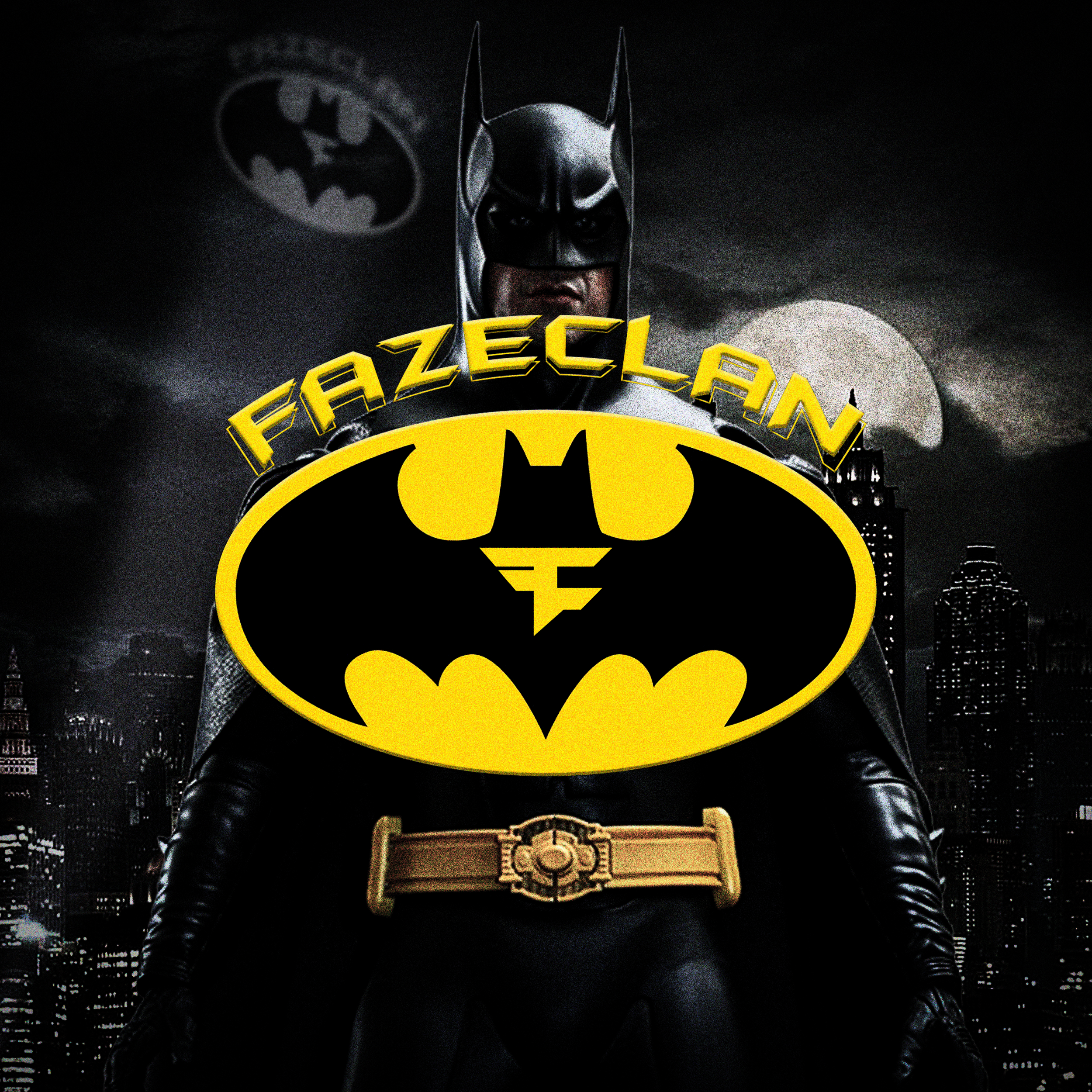 Batman dressed as Fozzie Bear from the Muppets, standing in front of a city skyline at night with the moon visible, and a logo with the text "FAZELAN" above the Bat-Signal symbol.