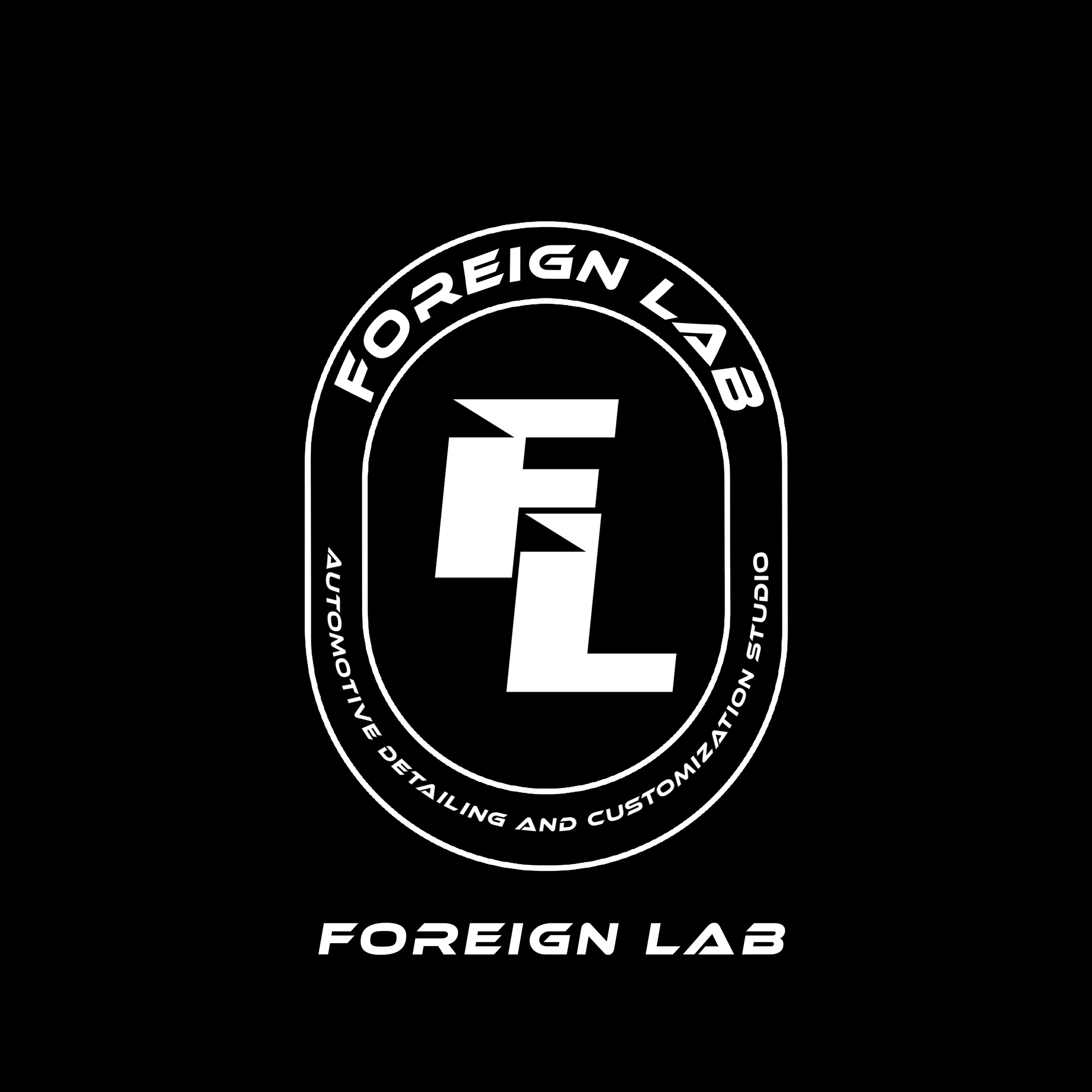 Black background with a white oval logo containing stylized letters 'F' and 'L' inside. Text around the oval reads 'Foreign Lab' and 'Automotive Detailing and Customization Studio'. Below the logo, text reads 'Foreign Lab' in a bold, italic font.