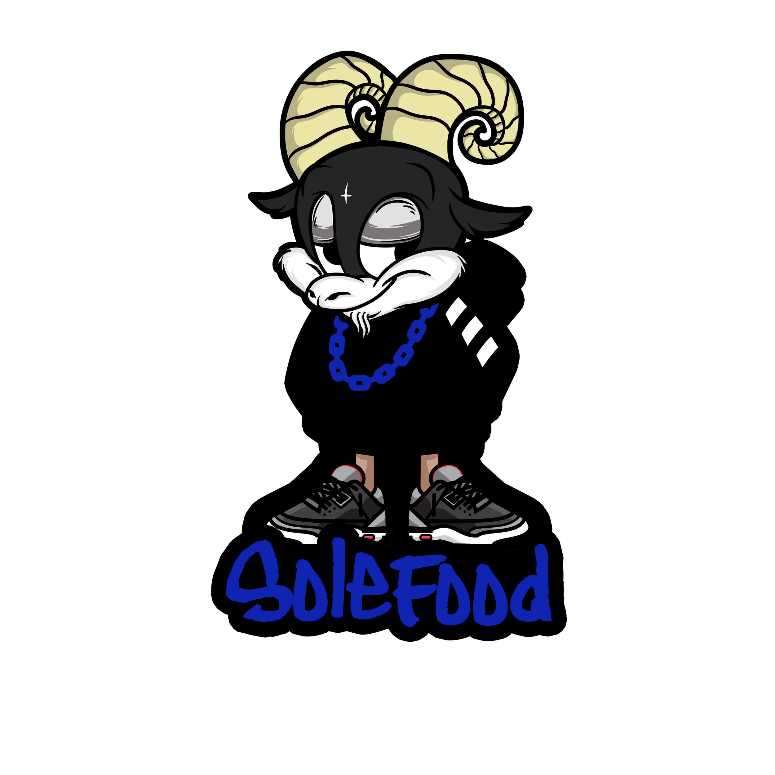 A cartoon character with ram horns, black hair, and closed eyes, wearing sneakers, a blue chain necklace, and a black hoodie with white stripes, standing on the word 'Solefood' written in blue graffiti-style font.