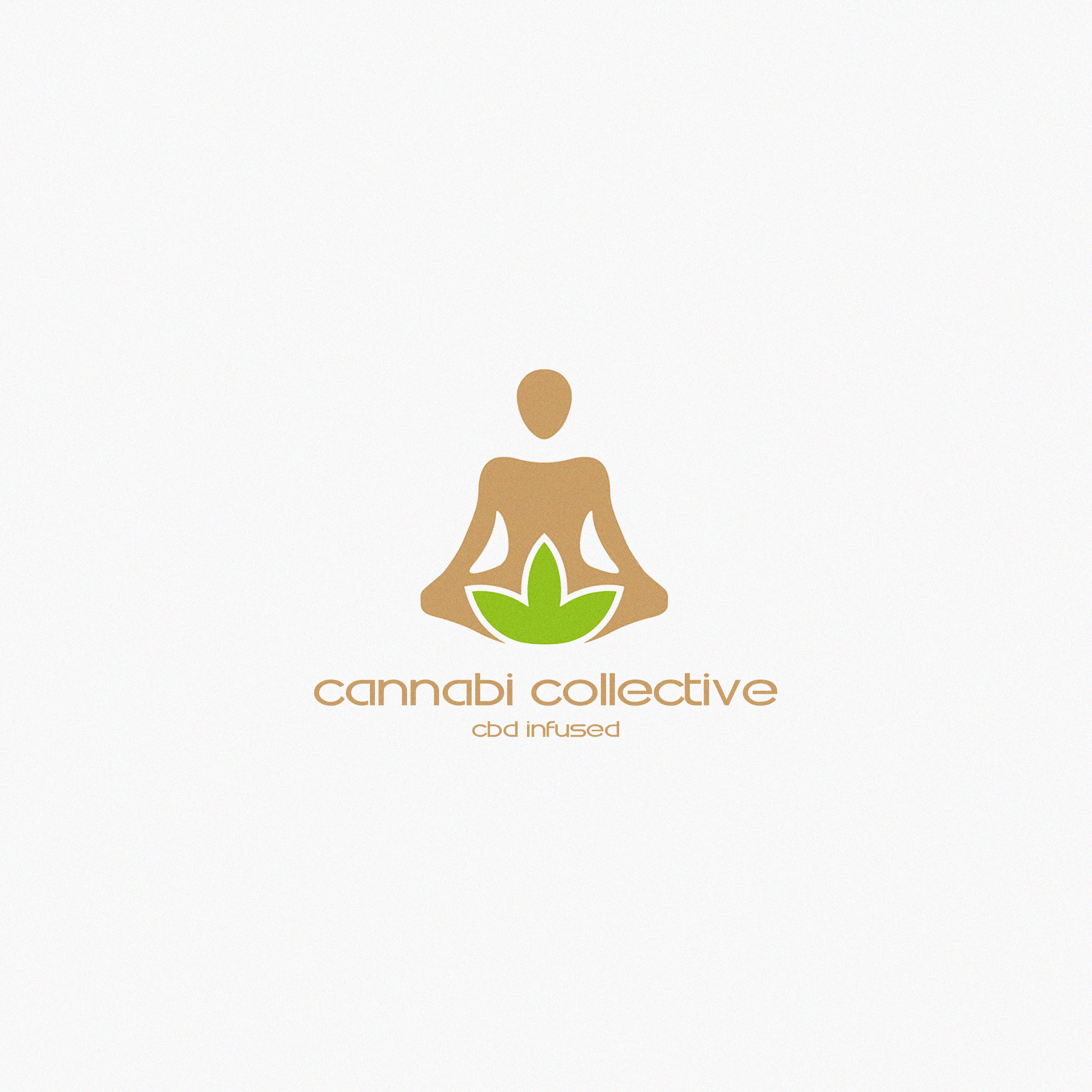 Logo of Cannabis Collective featuring a stylized figure meditating with a green cannabis leaf at its center, text says 'cannabi collective' and 'cbd infused'.