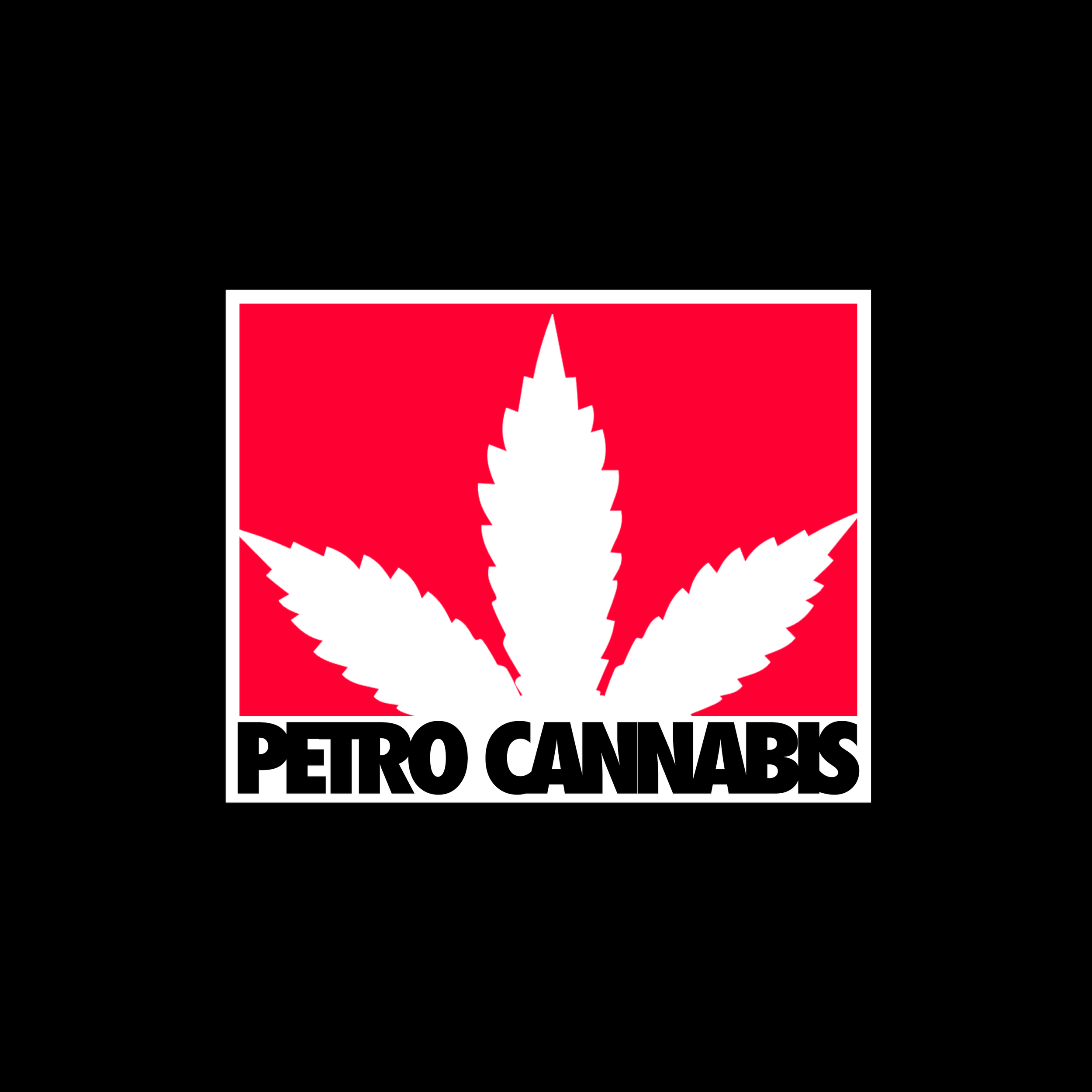 A sticker with a white cannabis leaf on a red background, with the text 'PETRO CANNABIS' in bold black letters below.