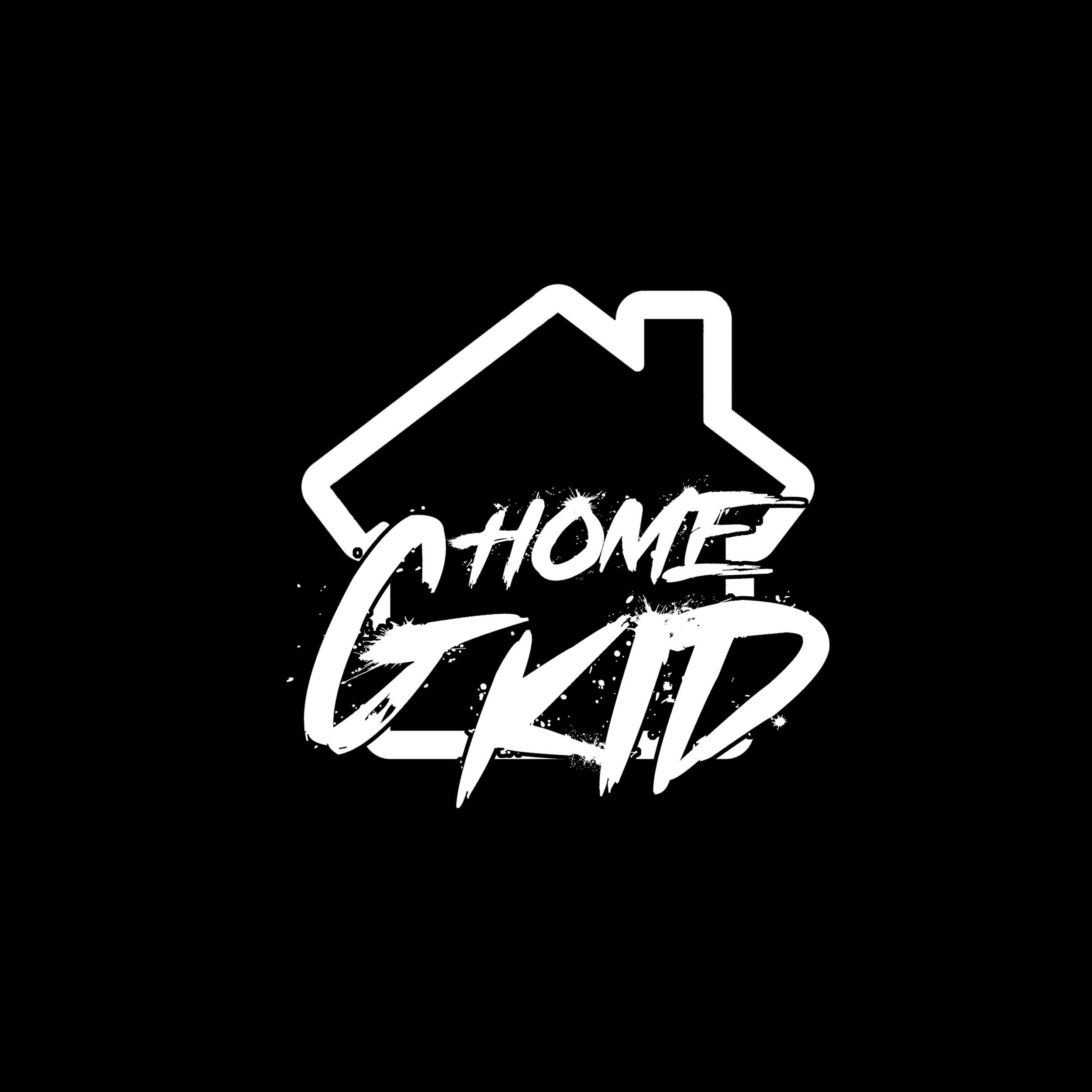 Black background with a white outline of a house and the text 'Home G Kid' in bold, graffiti-style font.