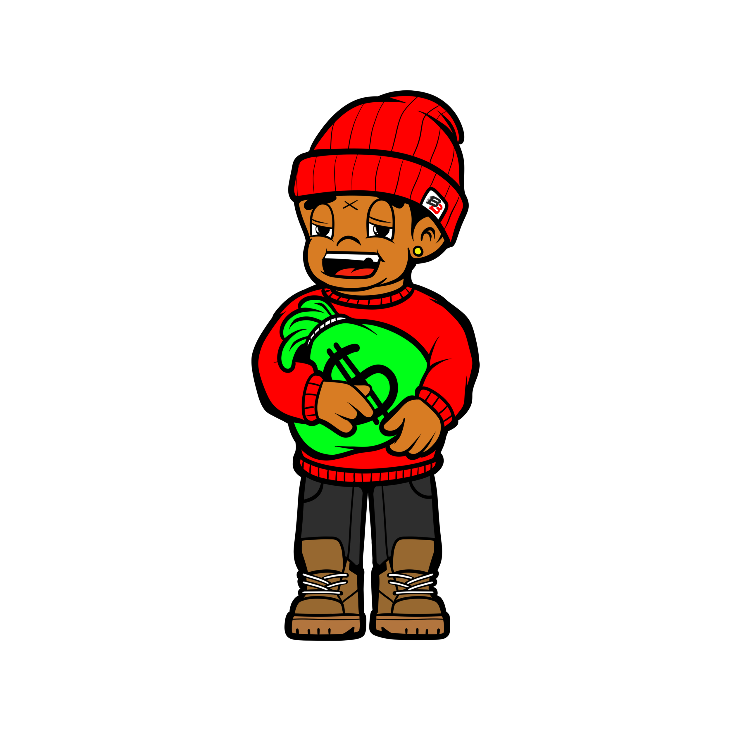 Cartoon boy holding a large green bag of money, wearing a red beanie, red sweater, black shorts, and brown boots.