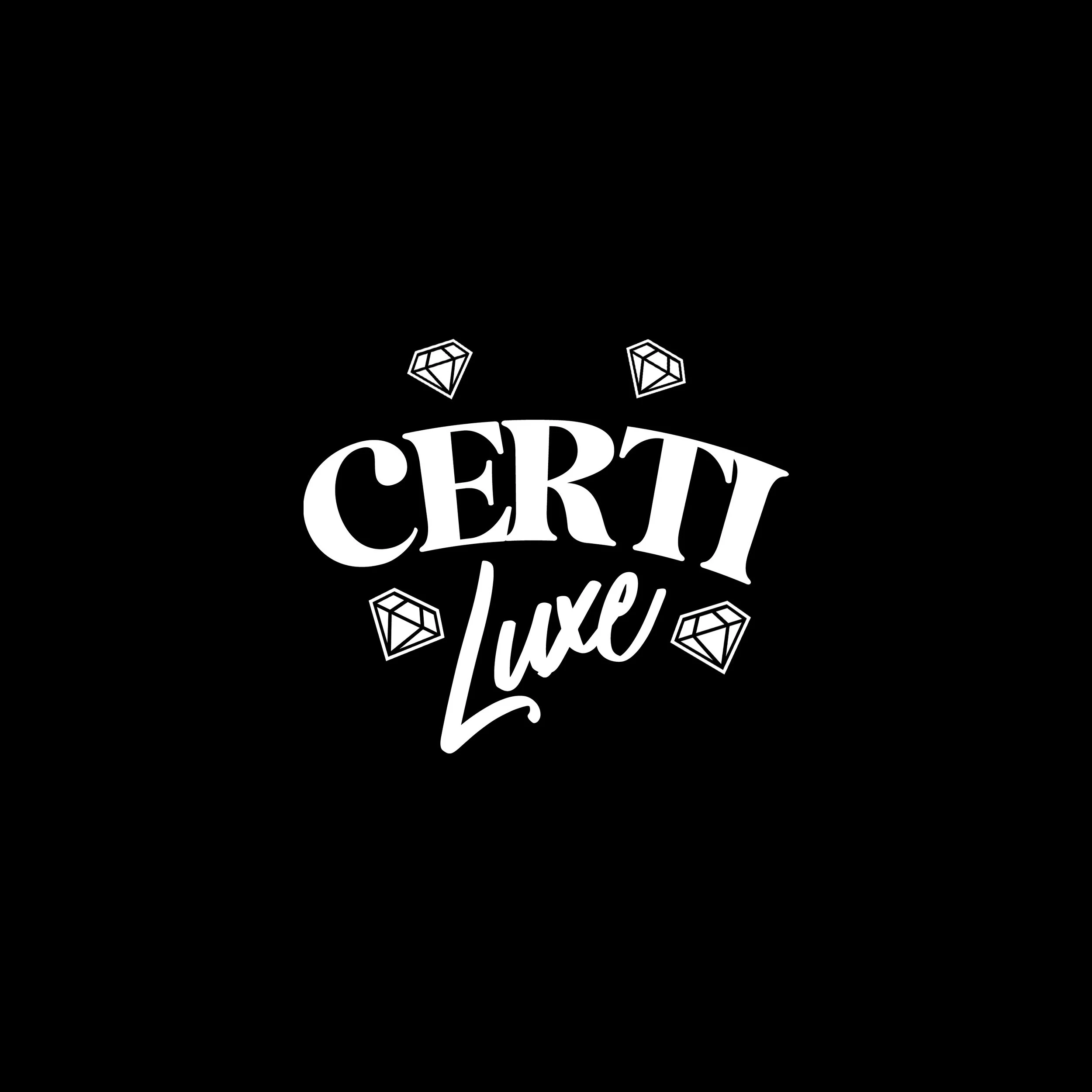 Black background with white text and diamond illustrations that reads 'CERTI Luxe'.