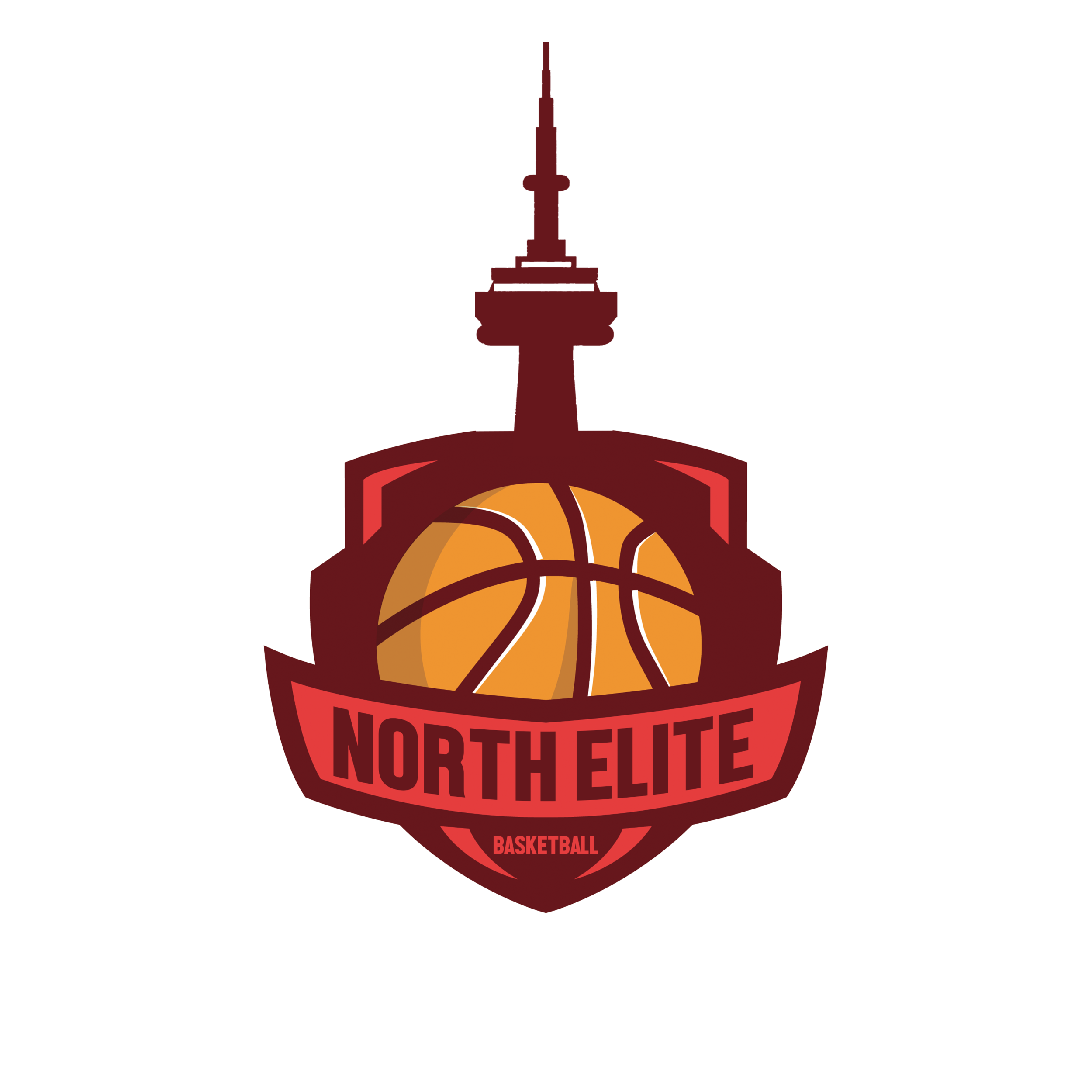 Logo for North Elite Basketball featuring a basketball with a shield and banner design.