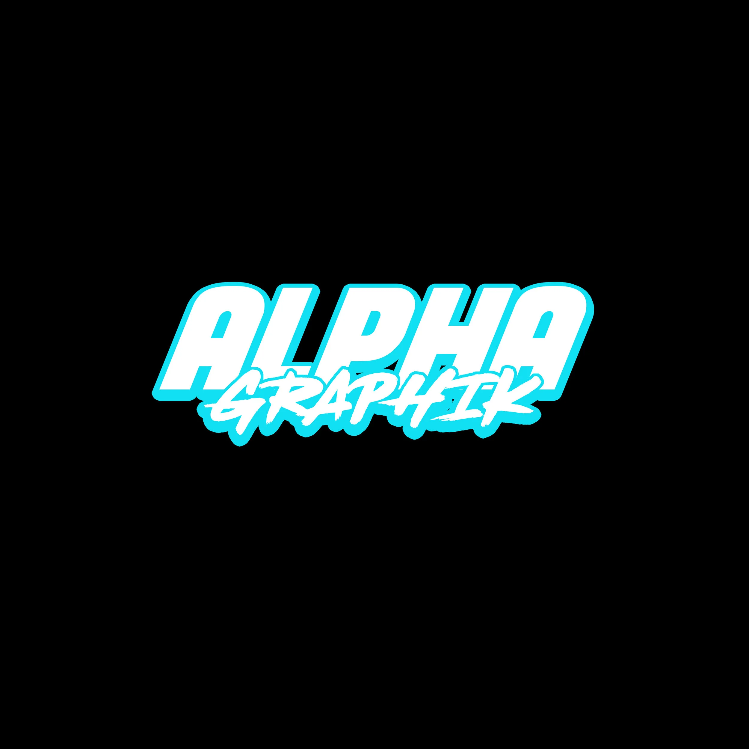 Bright blue and white stylized text that reads 'ALPHA GRAPHIX' on a black background.