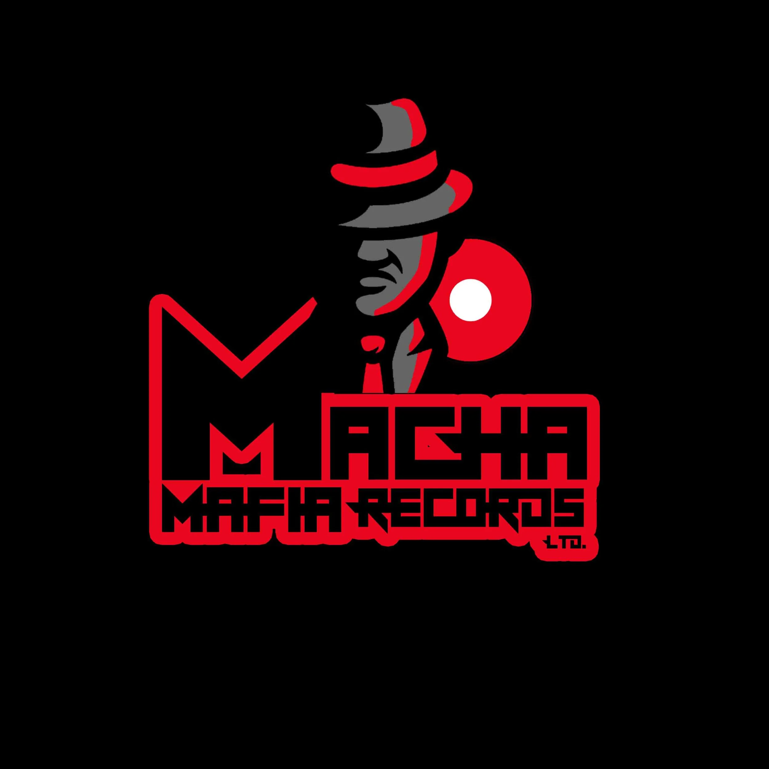 Logo for Masha Mafia Records featuring a stylized illustration of a man wearing a fedora hat and suit, with red and black colors, and the record label's name in bold red lettering.