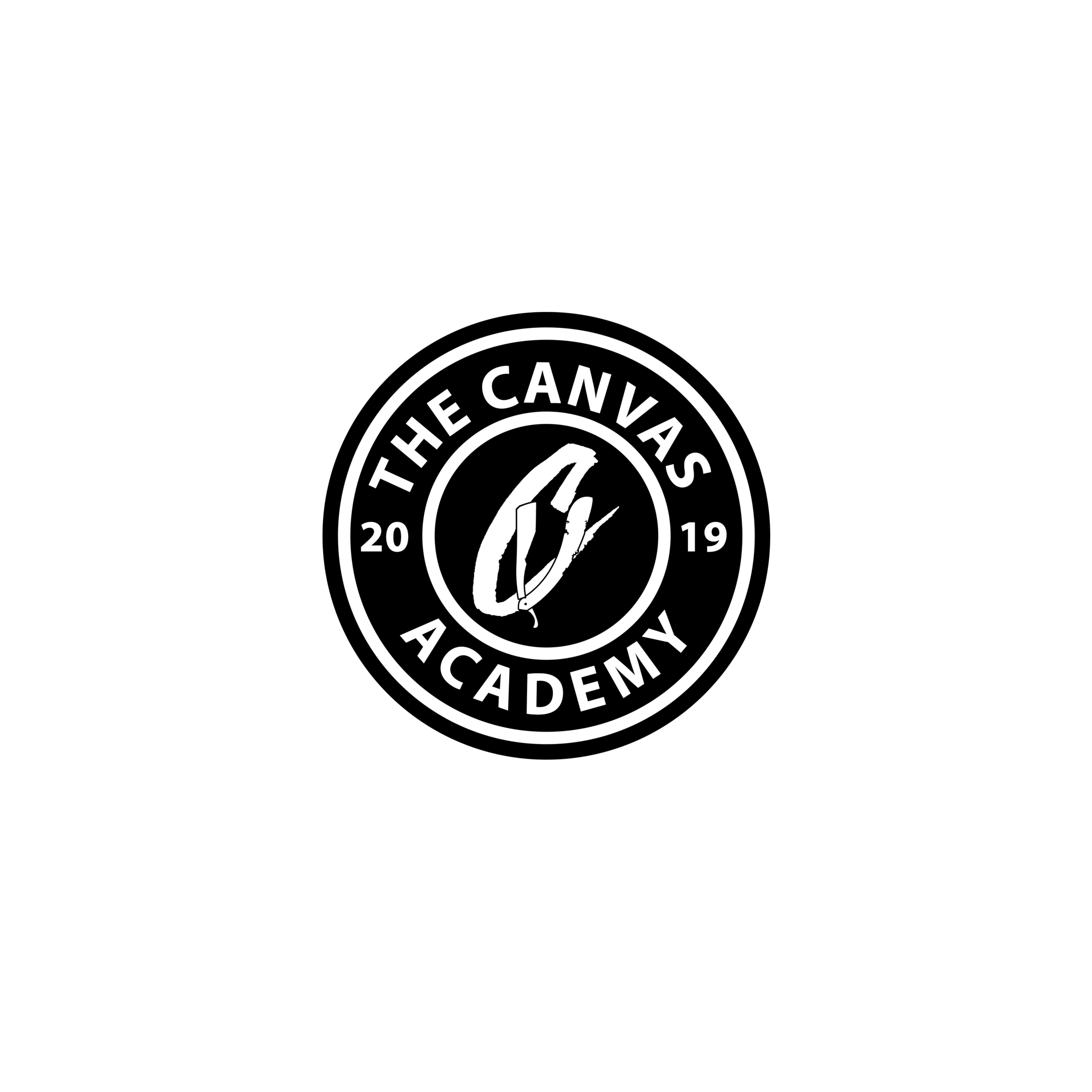 Black and white logo of The Canvas Academy featuring a stylized paintbrush and canvas icon, with text and the year 2019 surrounding it.