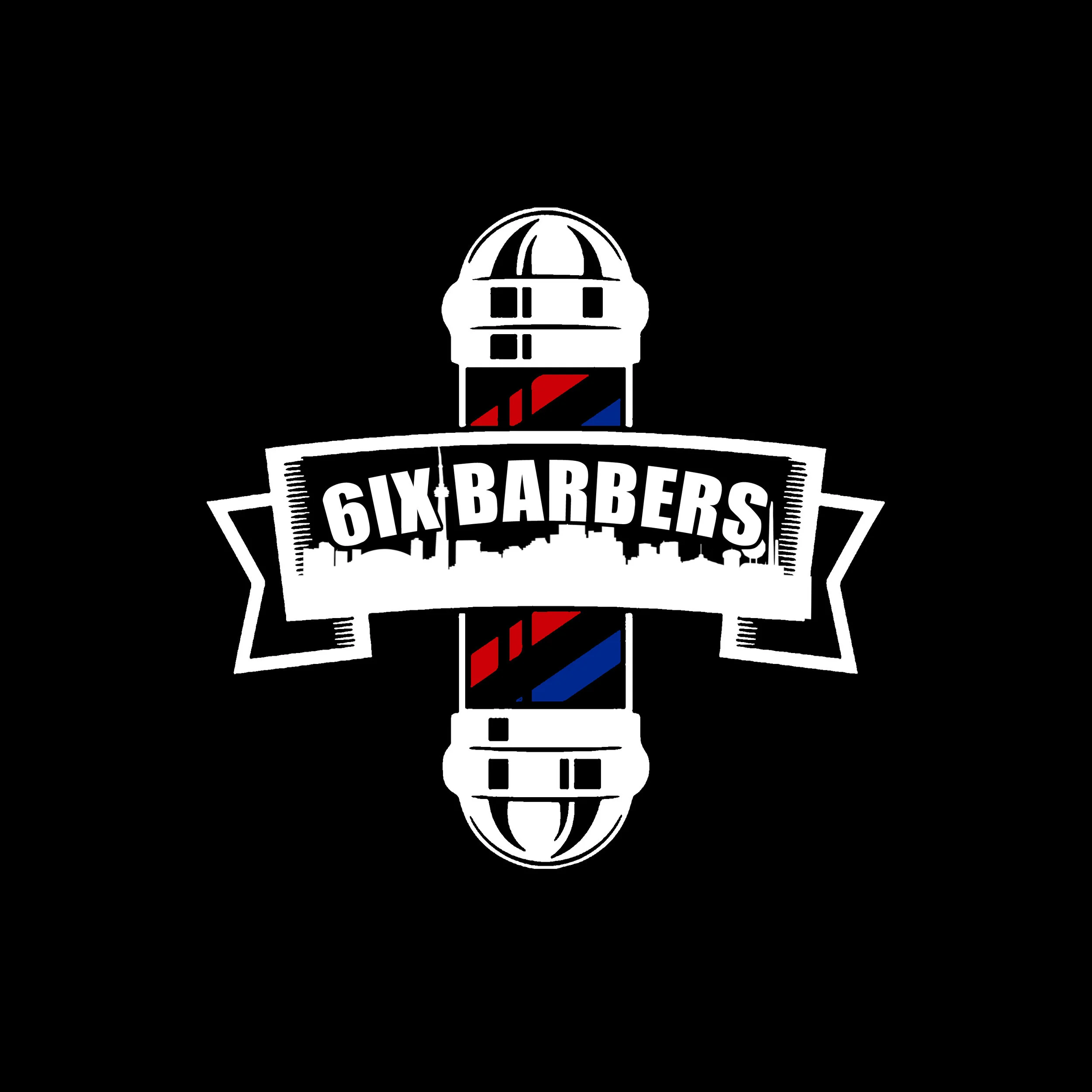A black background with a logo for 'Six Barbers' featuring a barber pole, a skyline silhouette, and text.