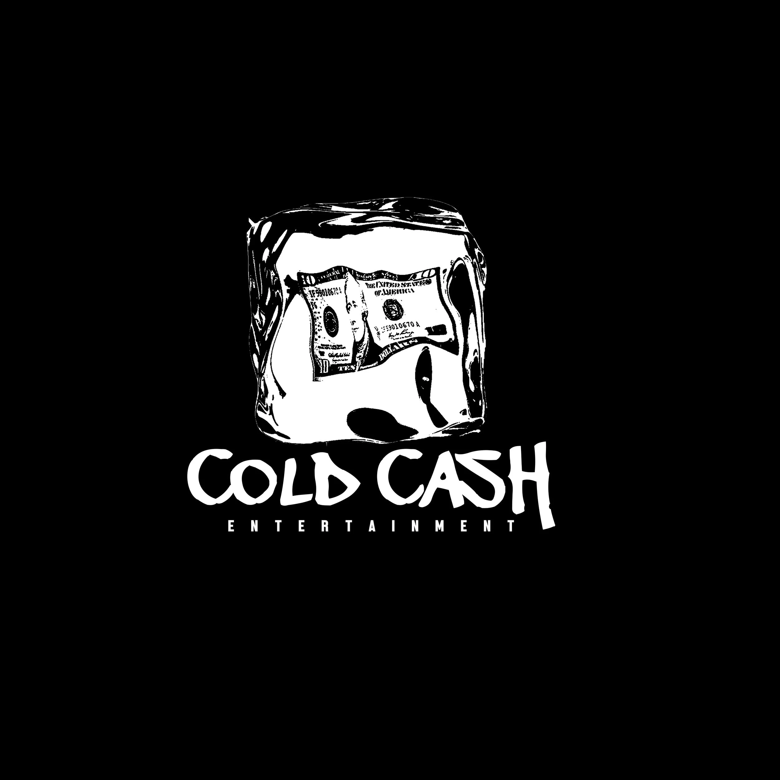 Black graphic with a melting ice cube containing a dollar bill inside, above the text 'Cold Cash Entertainment' in white.
