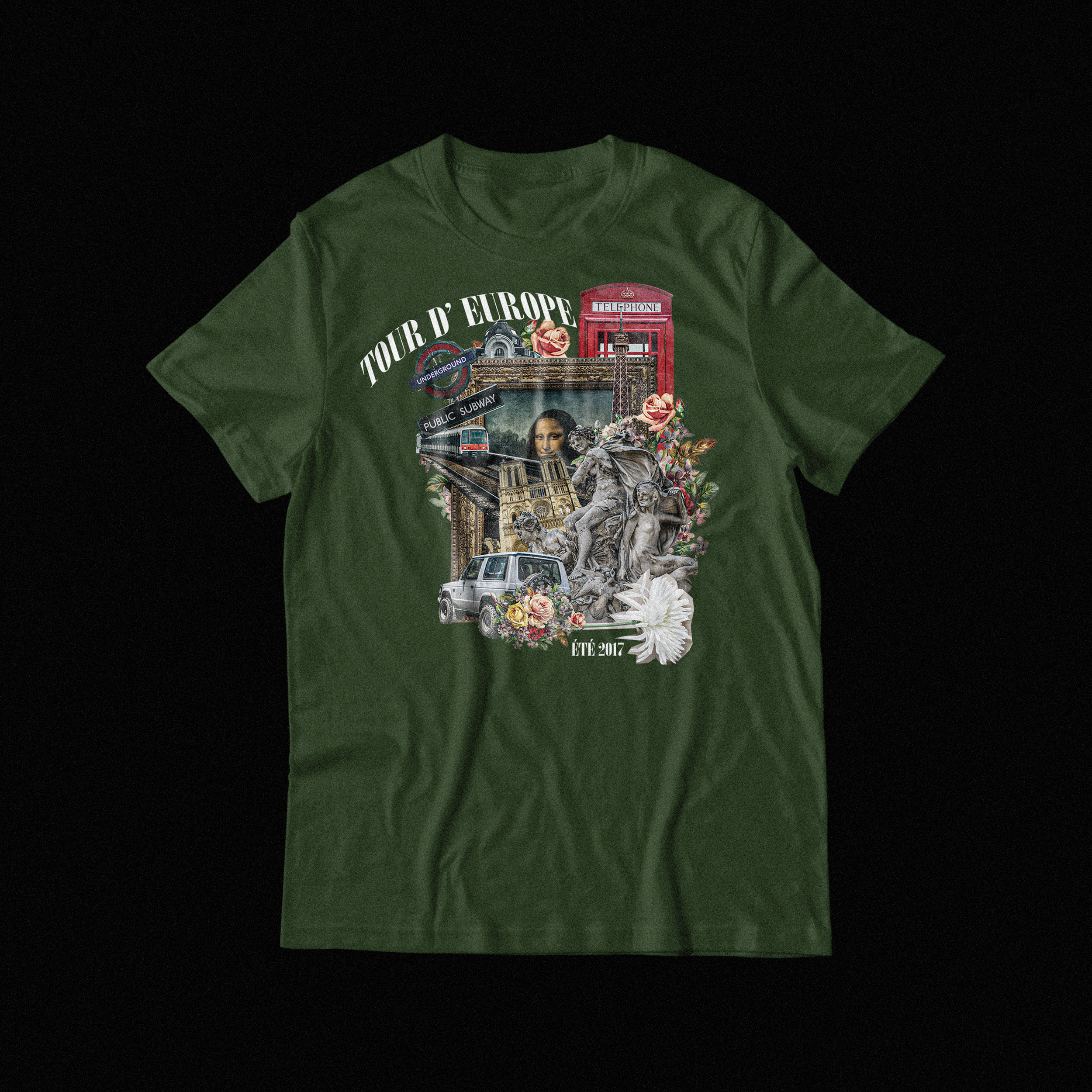 Green T-shirt with a collage of European landmarks and symbols, including the Eiffel Tower, Big Ben, a London red telephone booth, a car, and floral elements. The text reads 'Tour d'Europe' and 'Été 2017'.