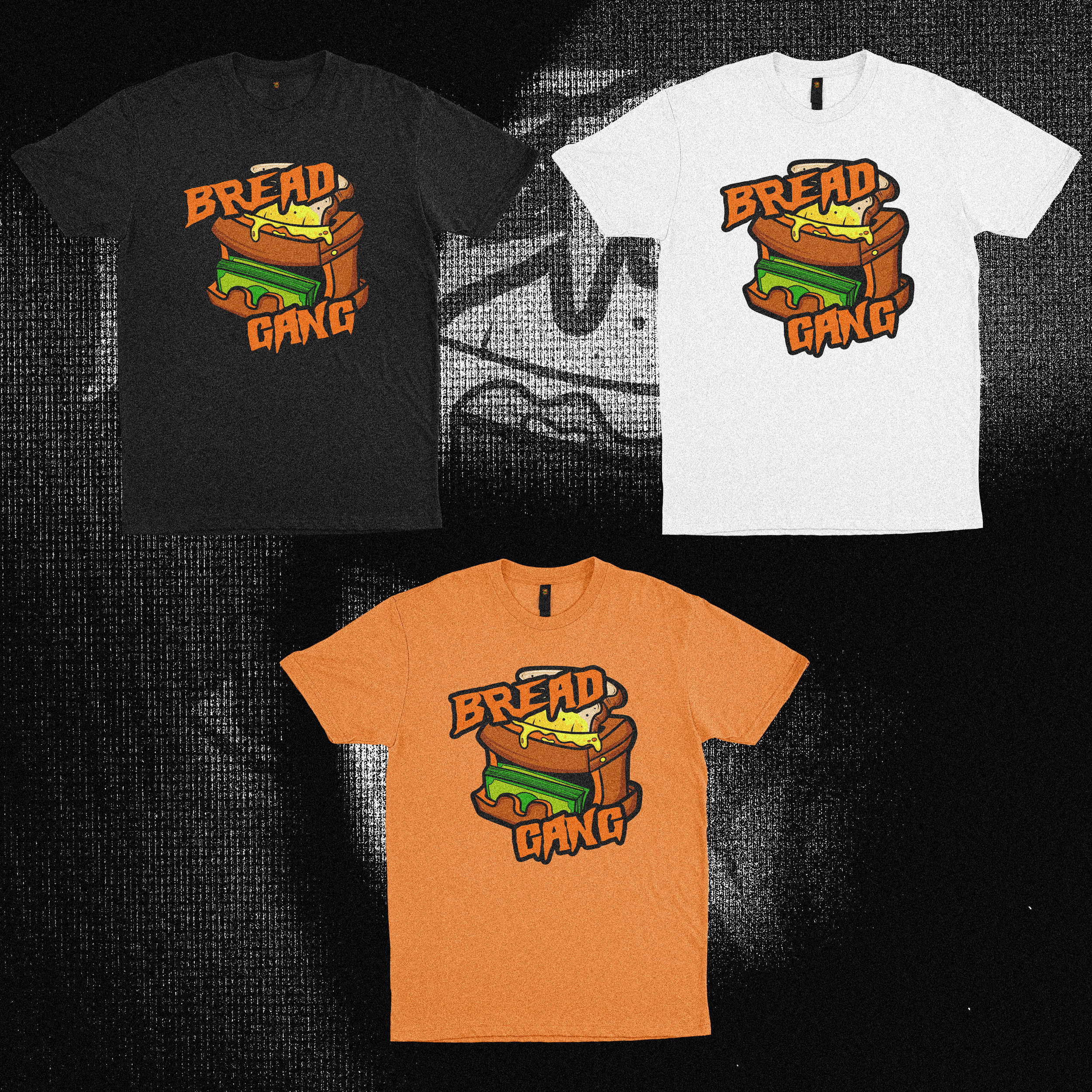 Three T-shirts with a "Bread Gang" graphic print, featuring a slice of bread, a dollar bill, and the words "Bread Gang." The shirts are in black, white, and orange colors, displayed on a textured black background.