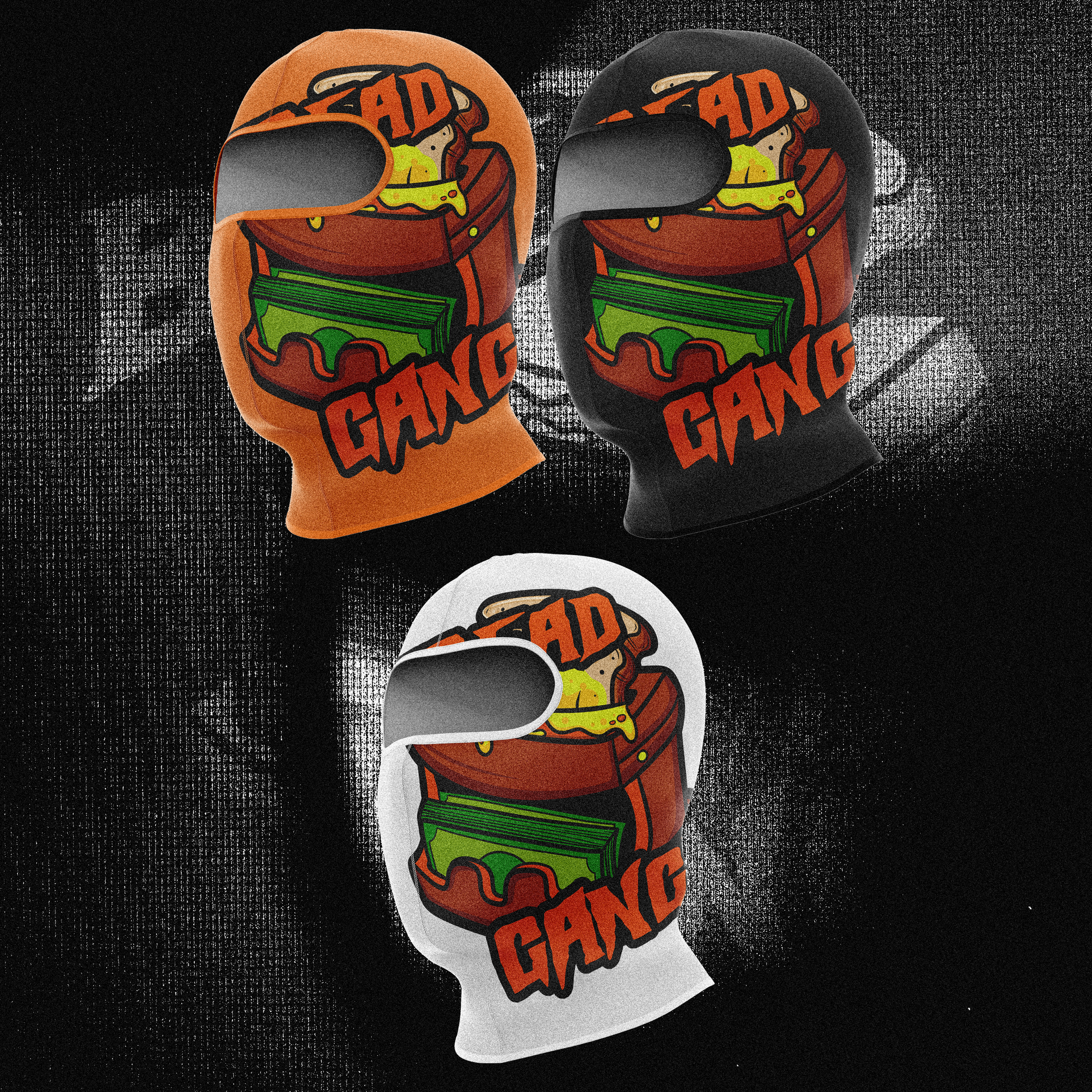 Three boxing glove-shaped blow-up toys with a graphic of a pizza slice and dollar bills in a trash can, and the word "GANG" in red letters, on a black textured background.