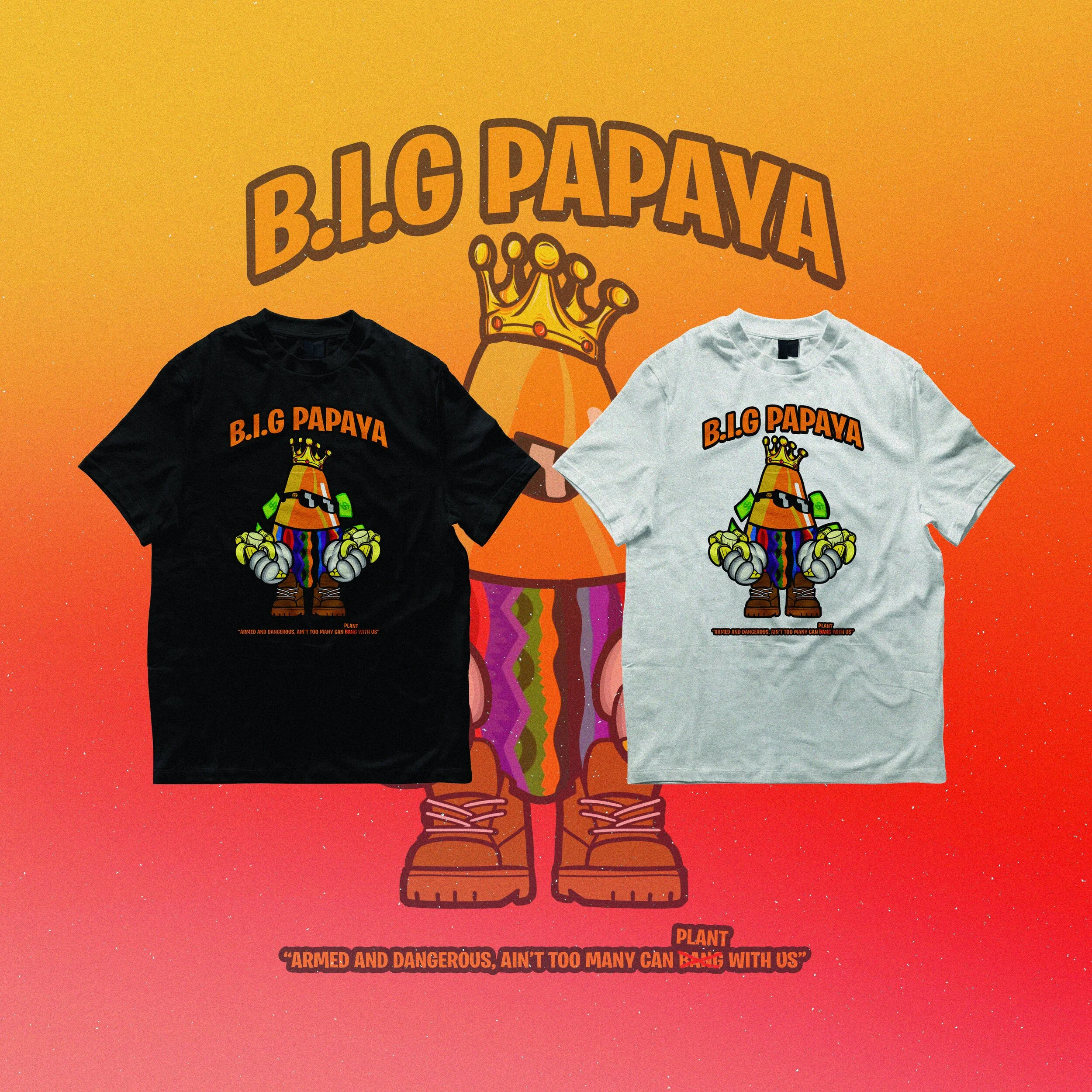 T-shirts with a cartoon character of a colorful, animated potato wearing a crown, sunglasses, and sneakers, labeled 'B.I.G PAPAYA'. Background features a larger cartoon potato with a crown, and text reading 'B.I.G PAPAYA' and an quote 'Armed and dang