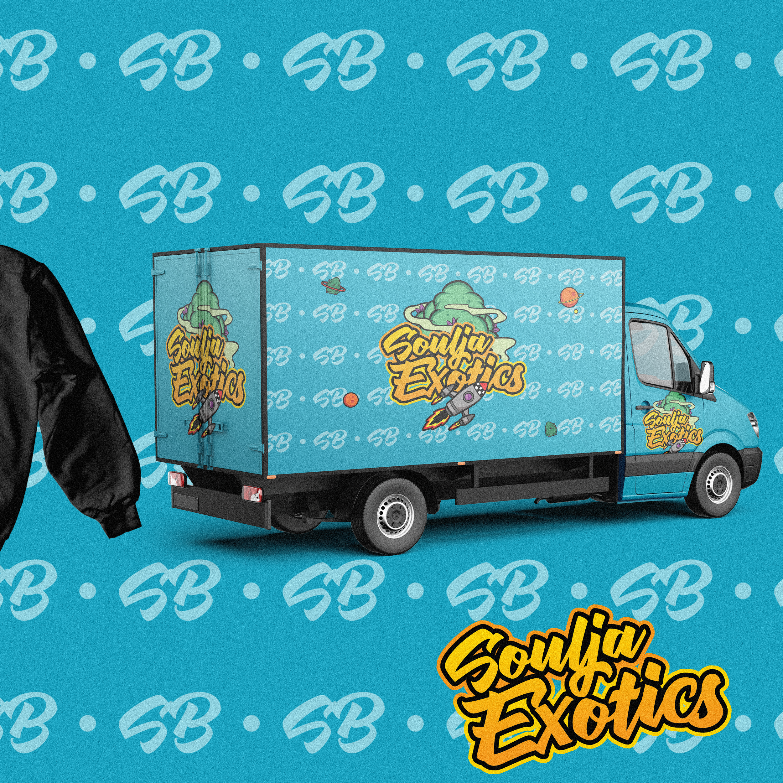 A delivery truck with a blue background, featuring colorful graphics and the text "SouljaExotics," which includes an illustrative rocket, planets, and a green cloud.