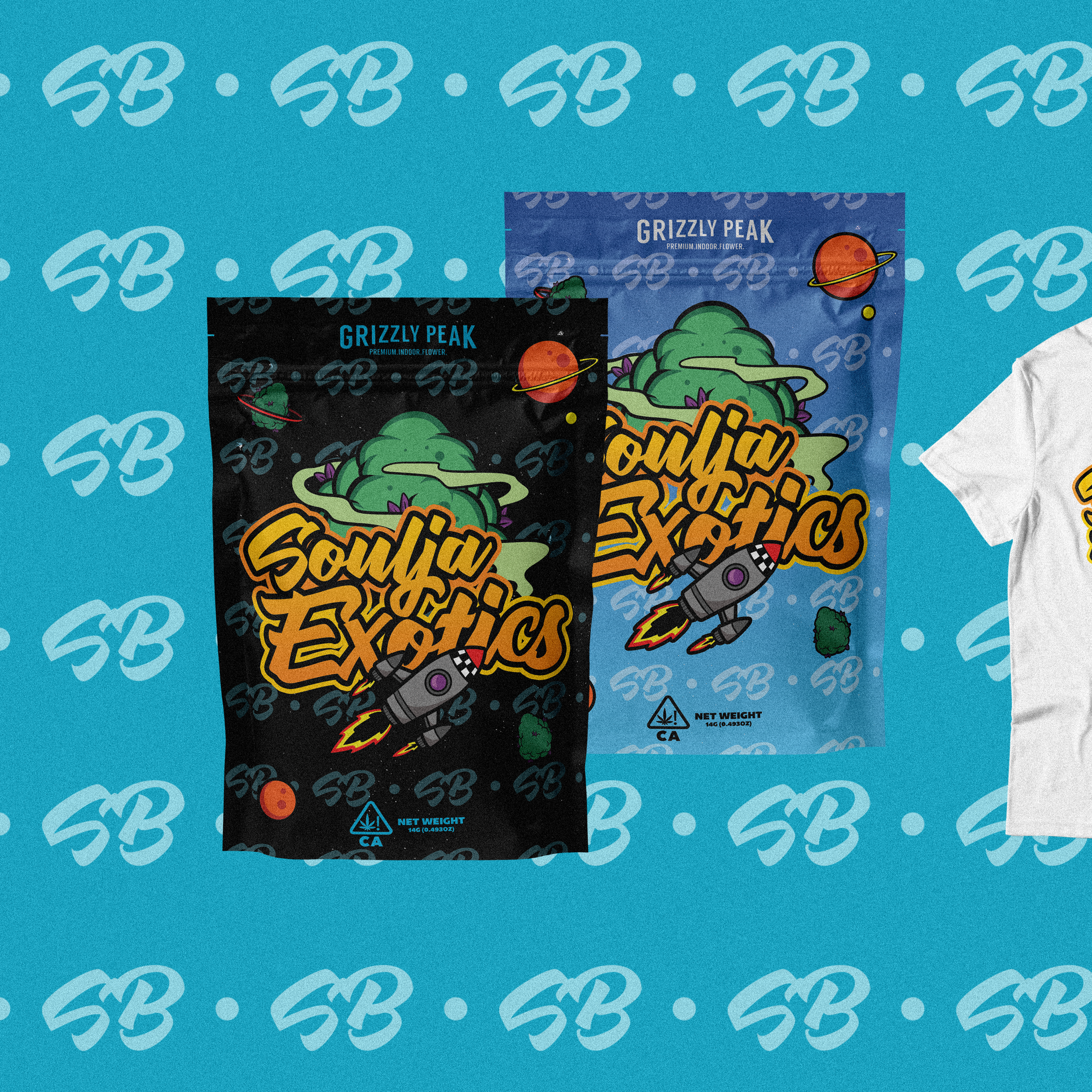 Two colorful packaging pouches with space-themed designs, featuring texts "Soulja Exotics" and "Grizzly Peak", with illustrations of a spaceship, planets, and a green alien-like creature. The background has a repeating pattern of the initials "SB".