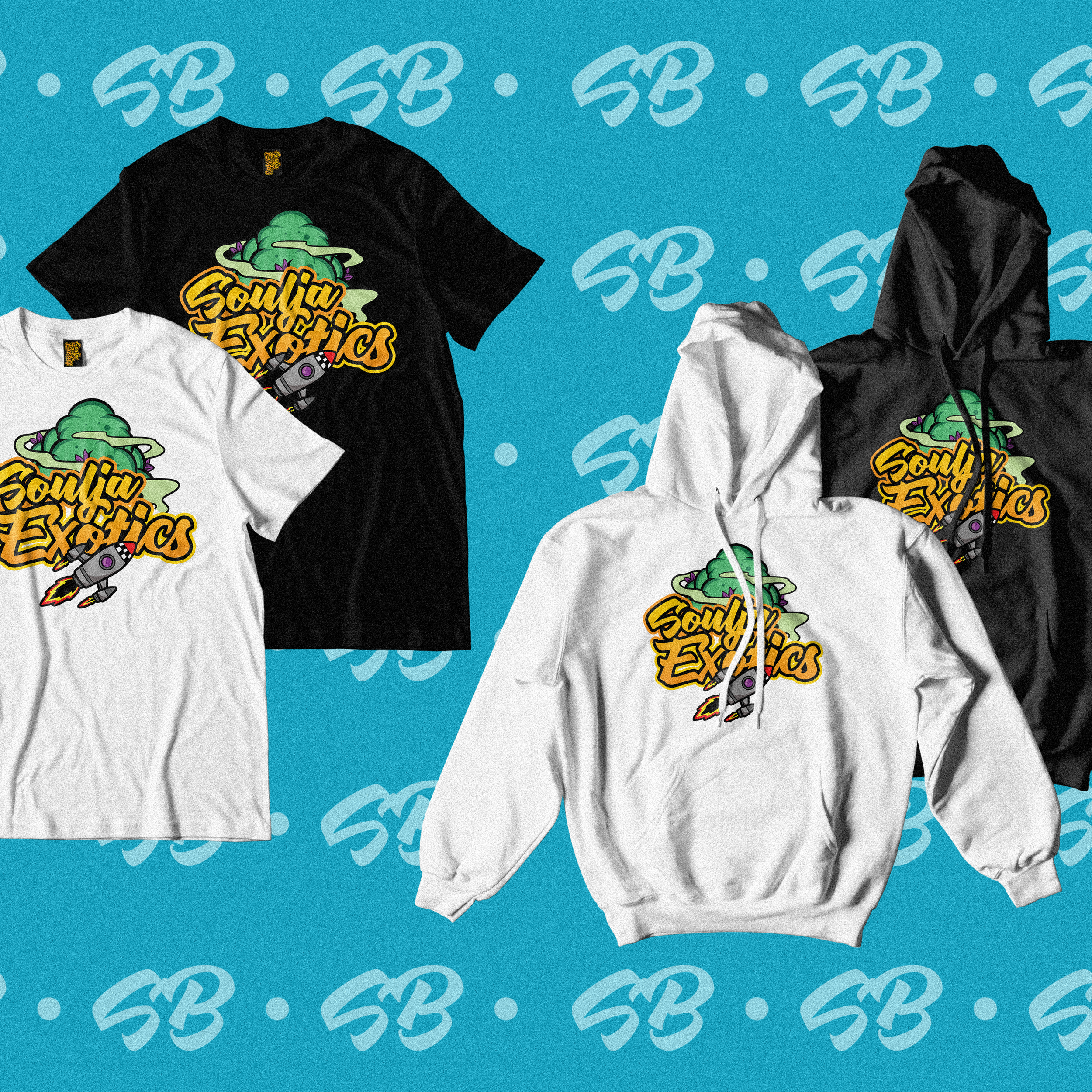 Four clothing items with a logo that reads "Soulja Exotic" and features a cartoon alien with a spaceship, displayed on a blue background with a repeated logo pattern.