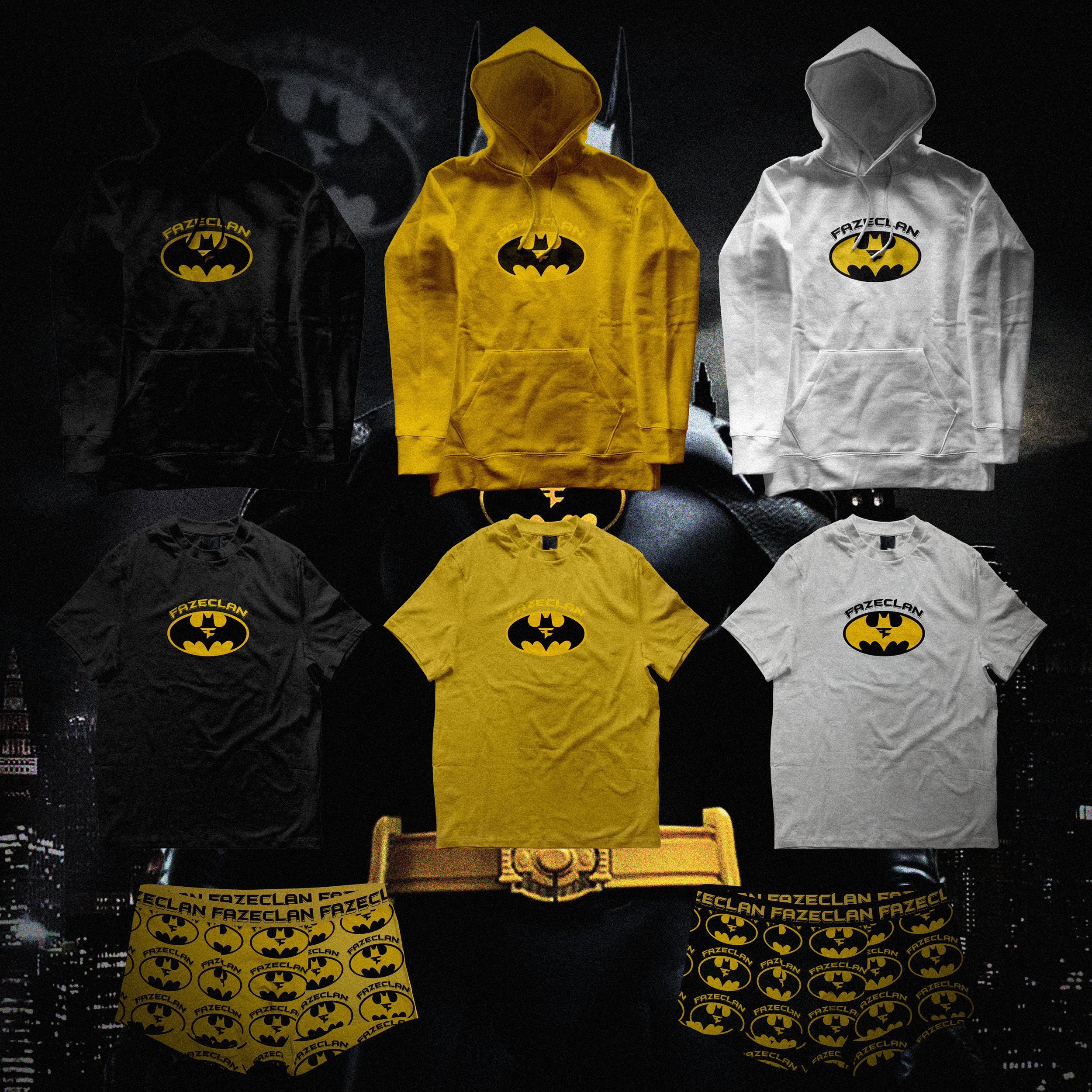 Various Batman-themed clothing items including hoodies, t-shirts, and underwear in black, yellow, and white with Batman logo and FazeClan branding, displayed against a dark cityscape background.
