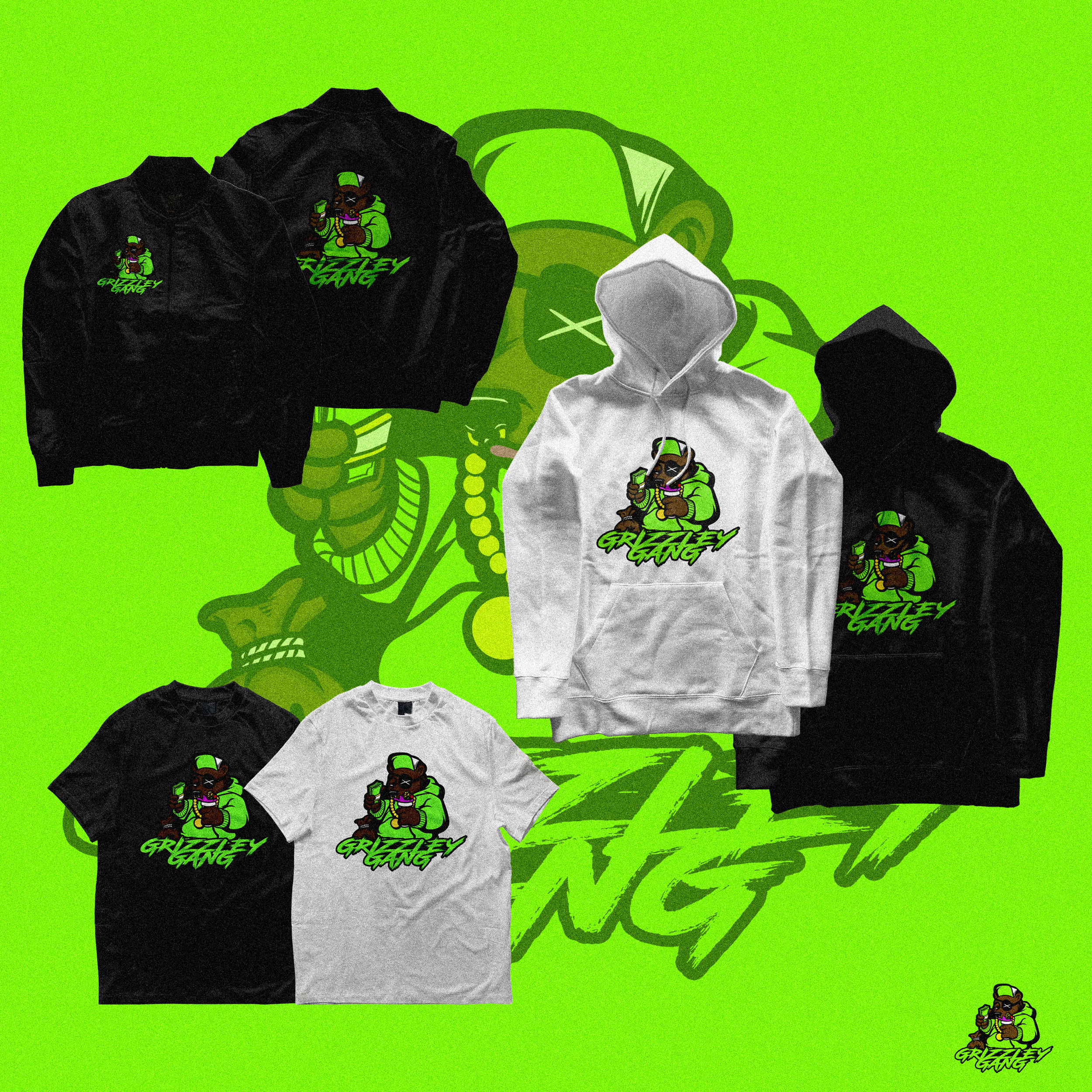 A collection of apparel items, including black and white hoodies and t-shirts featuring a cartoon bear character wearing headphones and a hoodie, with the text "GriZZey GANG" in green, set against a bright green background with a large, stylized cart