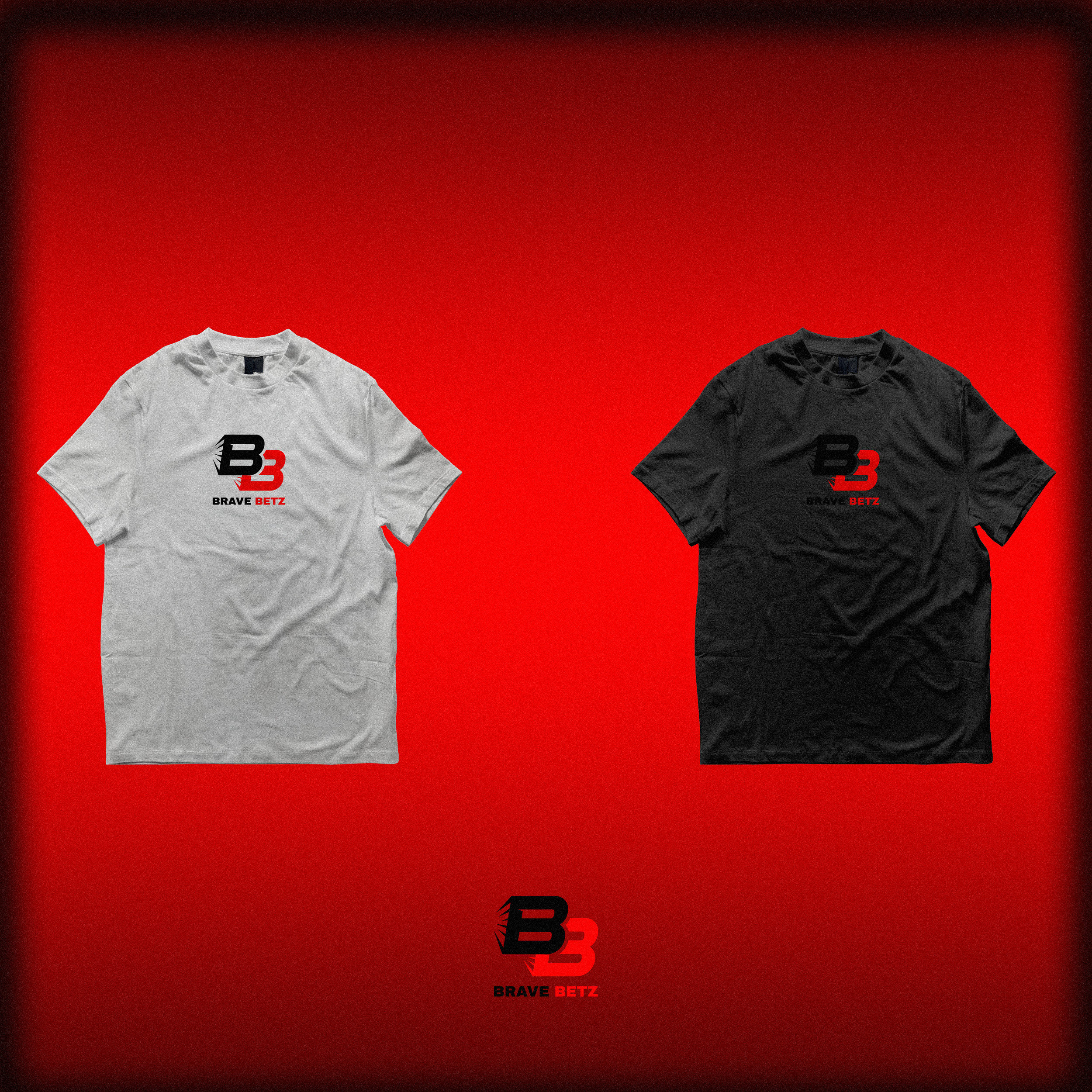 Two T-shirts, one white and one black, with a logo that includes the letters 'BB' and the words 'BRAVE BETZ' underneath, displayed against a red gradient background.