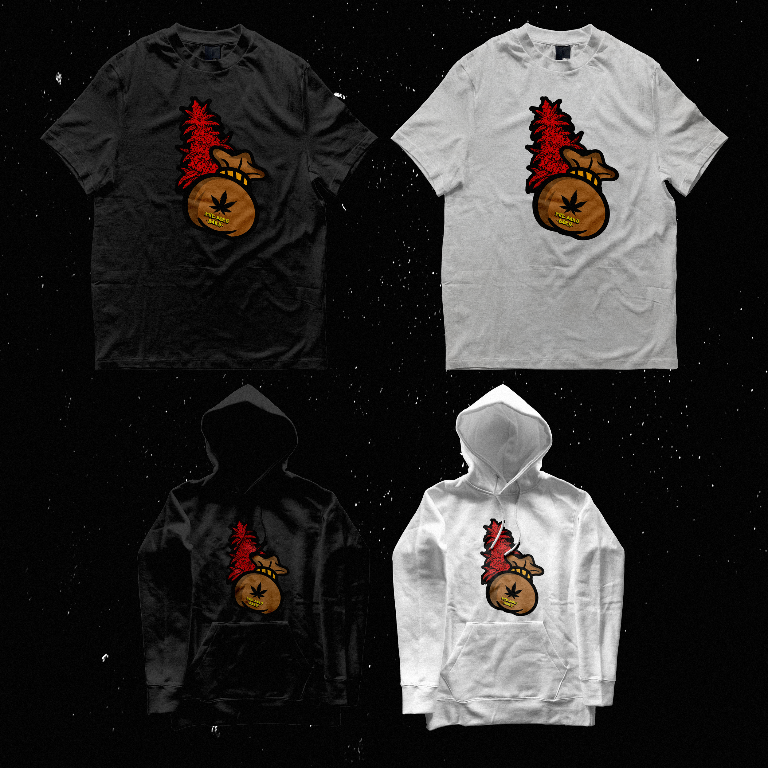 Four clothing items featuring the same graphic design: a bag of cannabis with a marijuana leaf and yellow text, with a red leafy graphic behind it. Two T-shirts (one black, one white) at the top and two hoodies (one black, one white) at the bottom, a